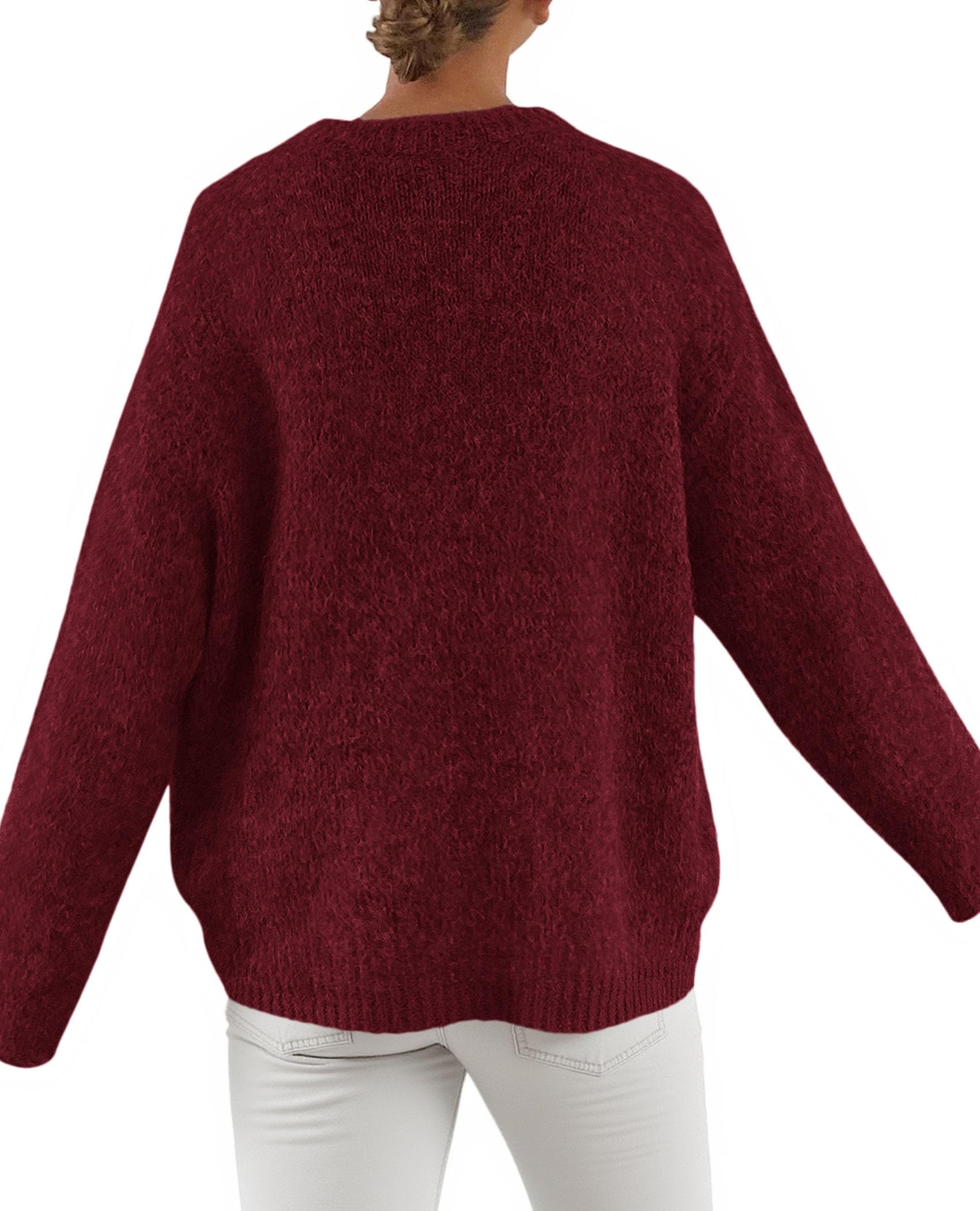 Womens Long Sleeve Oversized Pullover Sweater,Wine Red,M