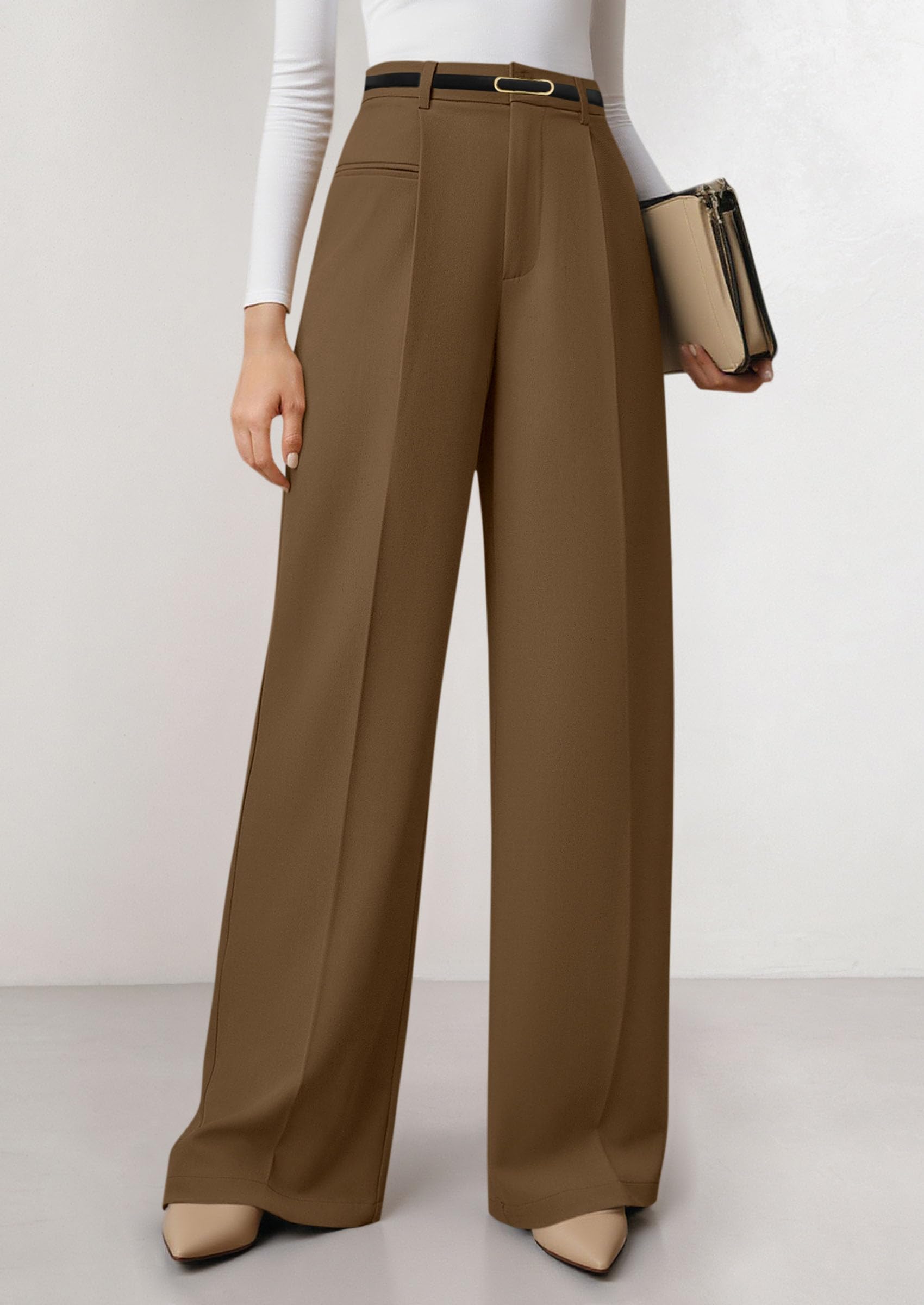 Women's Tailored Wide Leg Work Dress Pants,Brown,S