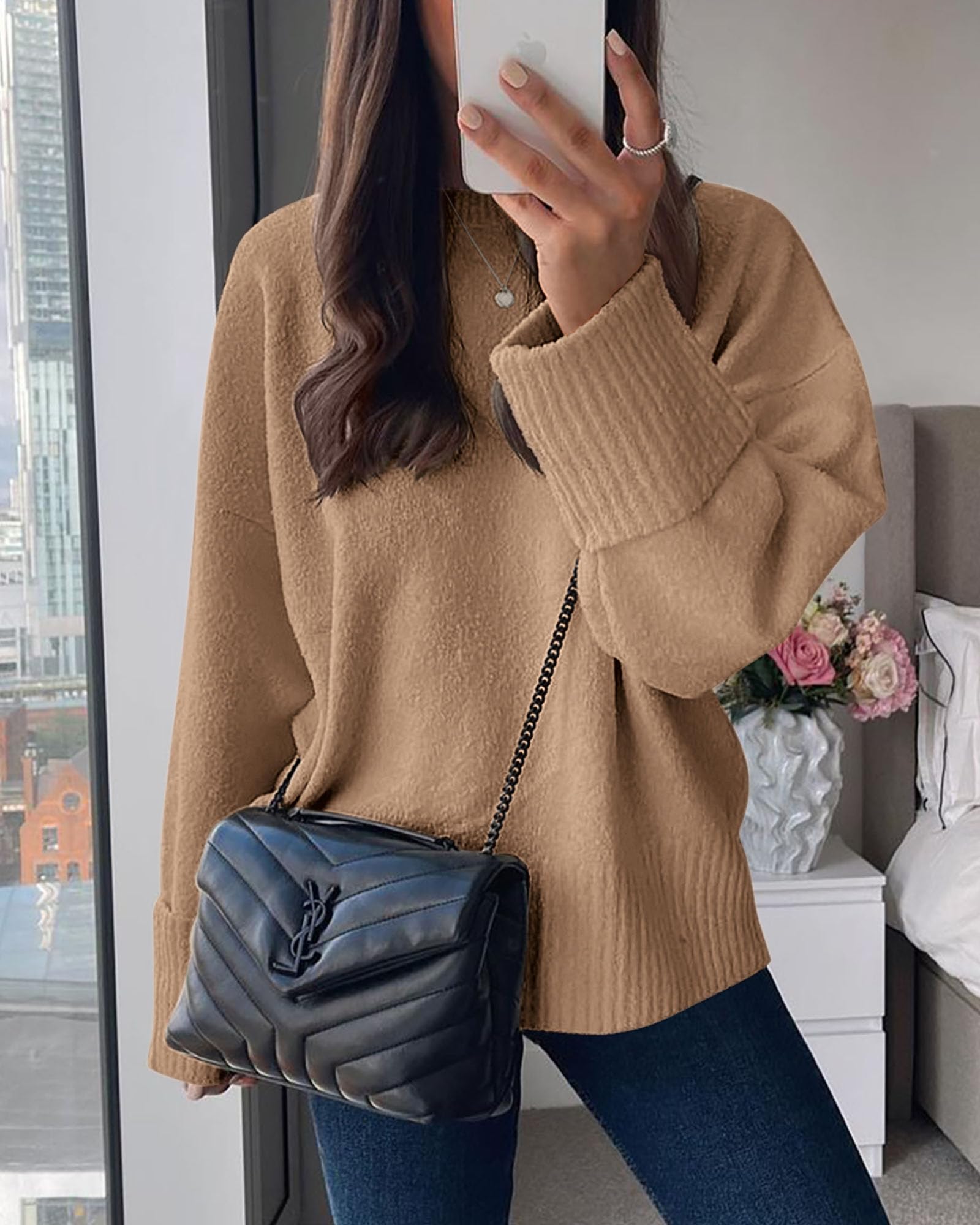 Women's Fall Fashion Cozy Oversized Sweaters(Khaki,XS)