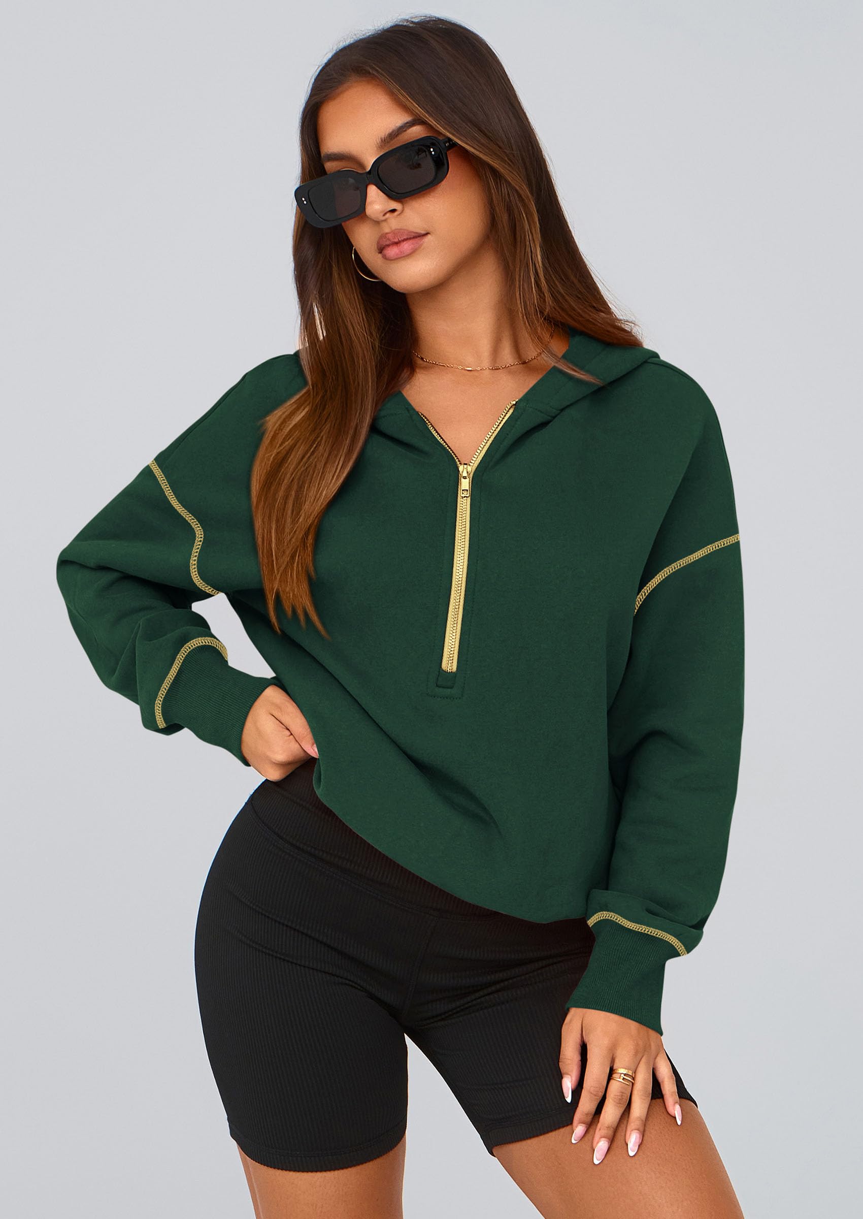 Women's Fall Half Zip Cropped Hoodie Sweatshirt Dark Green