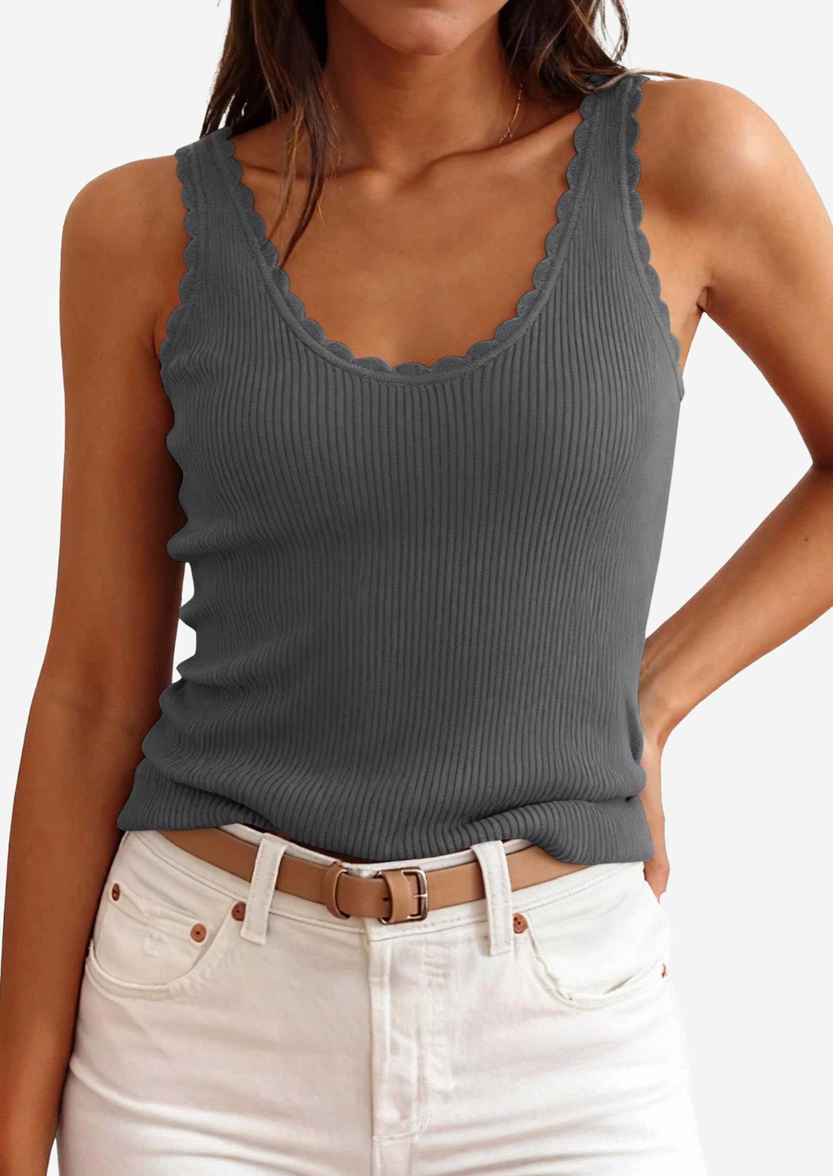 Womens Ribbed Knit Sleeveless Tank Tops,Dark Grey,XS