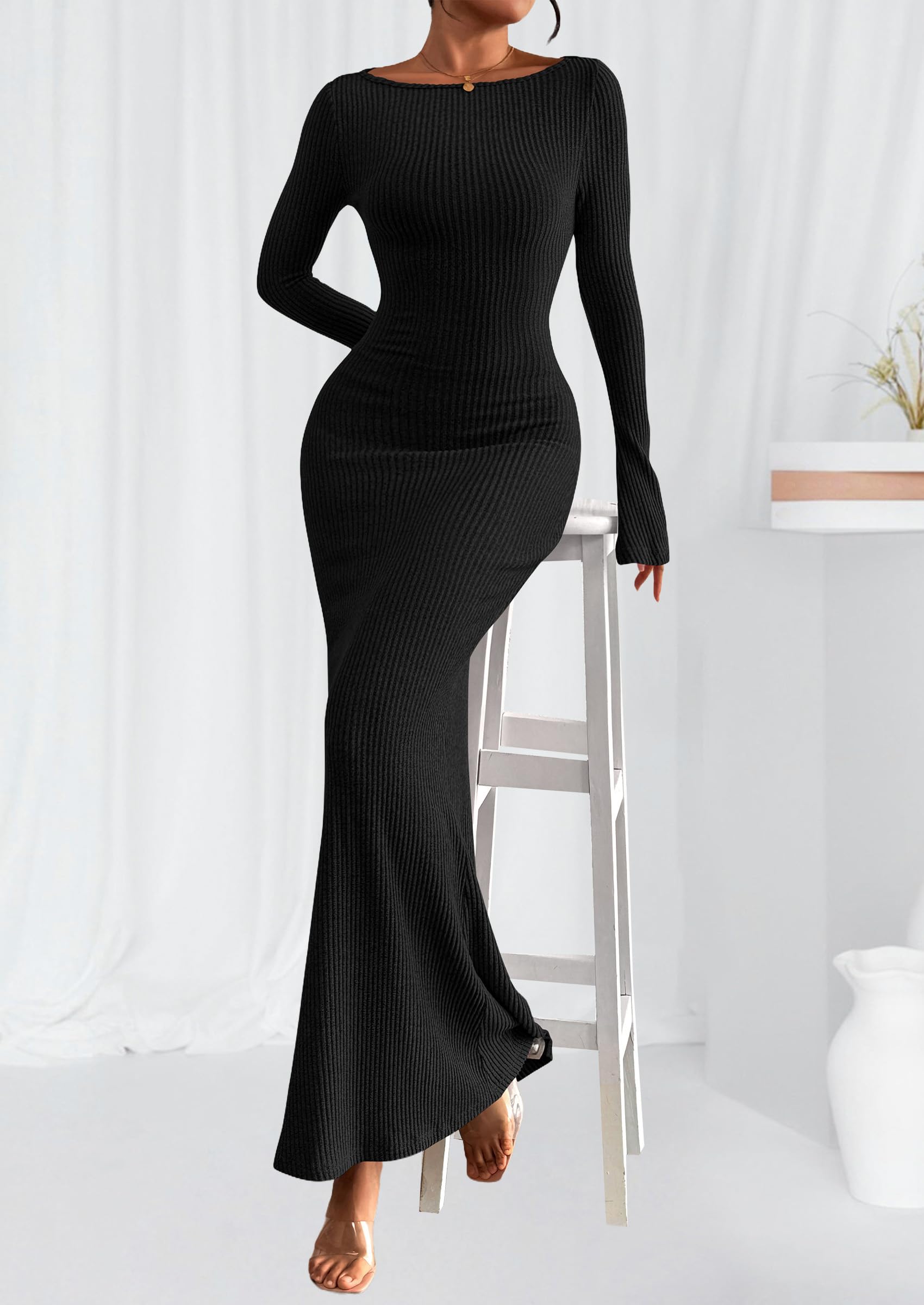 Women's Fall Long Sleeve Bodycon Maxi Dresses (Black,XS)