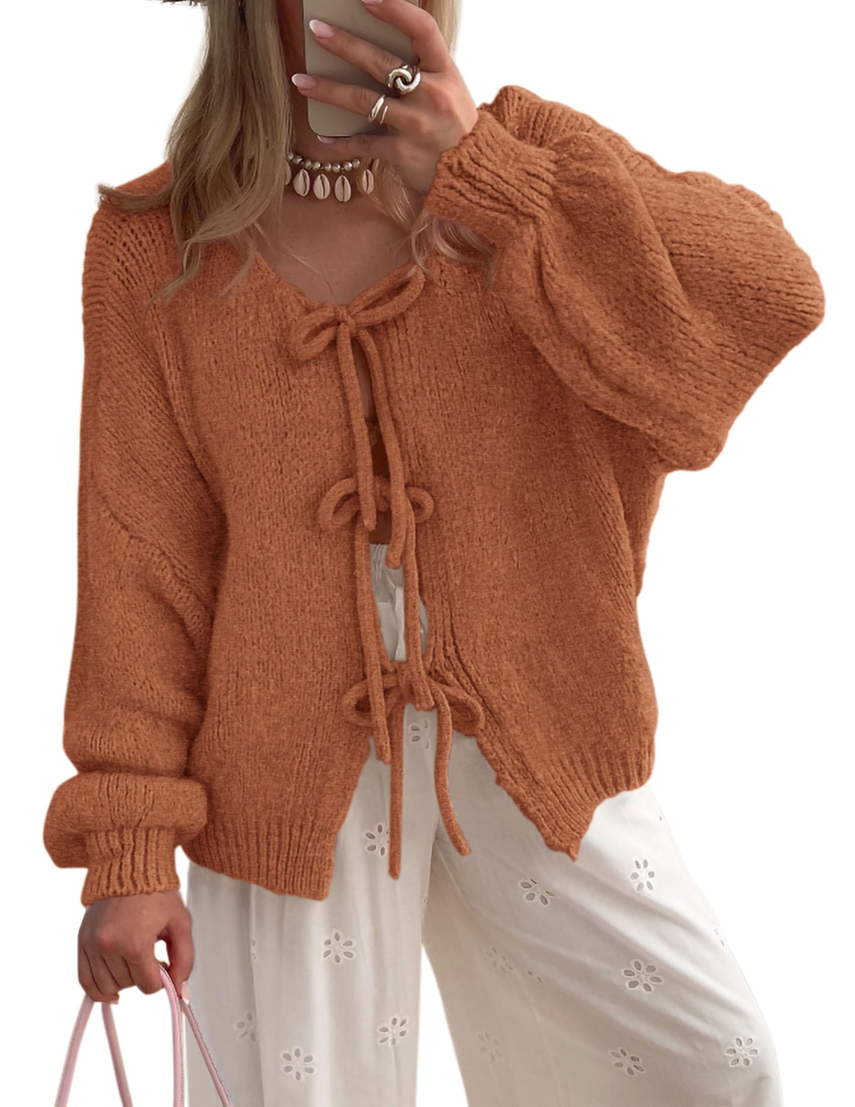 Women's Tie Front Bow Cardigan Sweaters(Brick Red,Small)