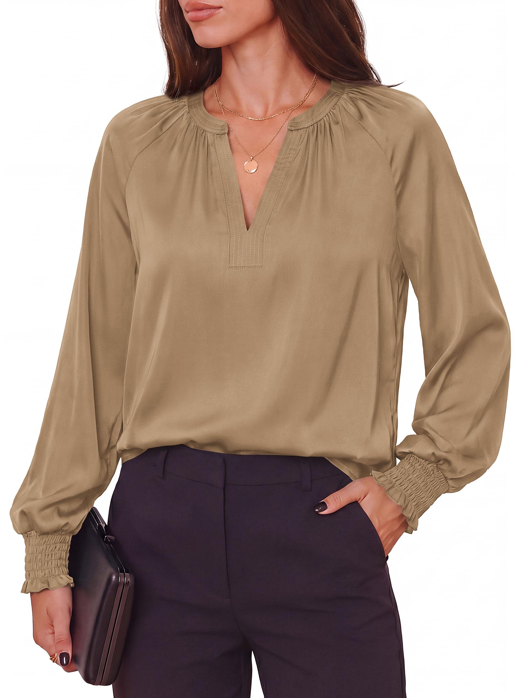 Women's Satin Blouses V Neck Long Sleeve Tops,Khaki,S