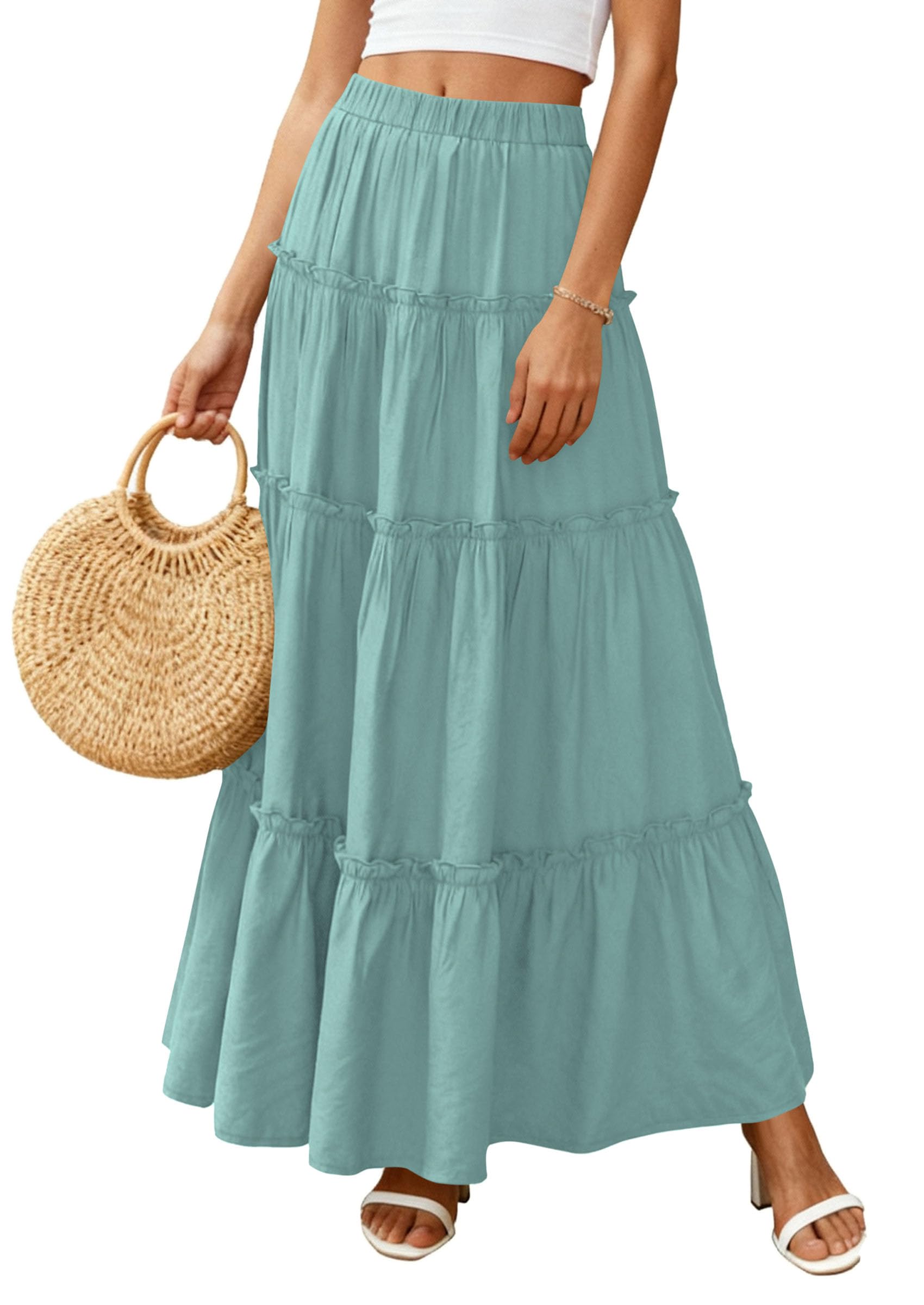 Women's Boho Tiered Ruffle Flowy Maxi Skirt, Blue Green,S