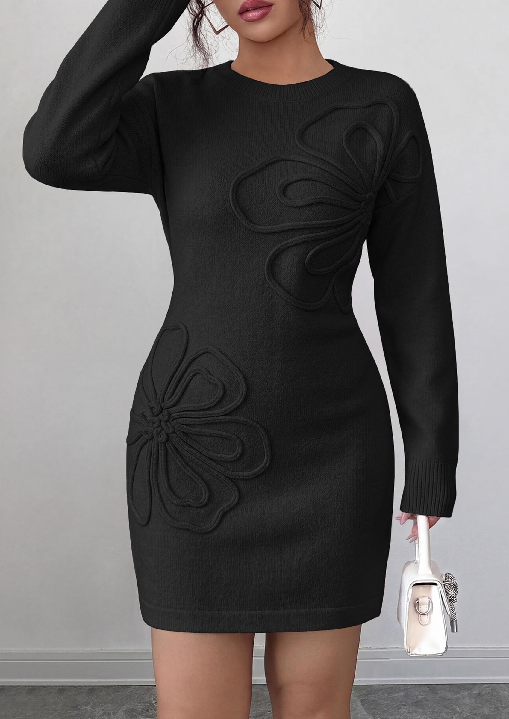 Women's Embroidered Long Sleeve Bodycon Mini Sweater Dress