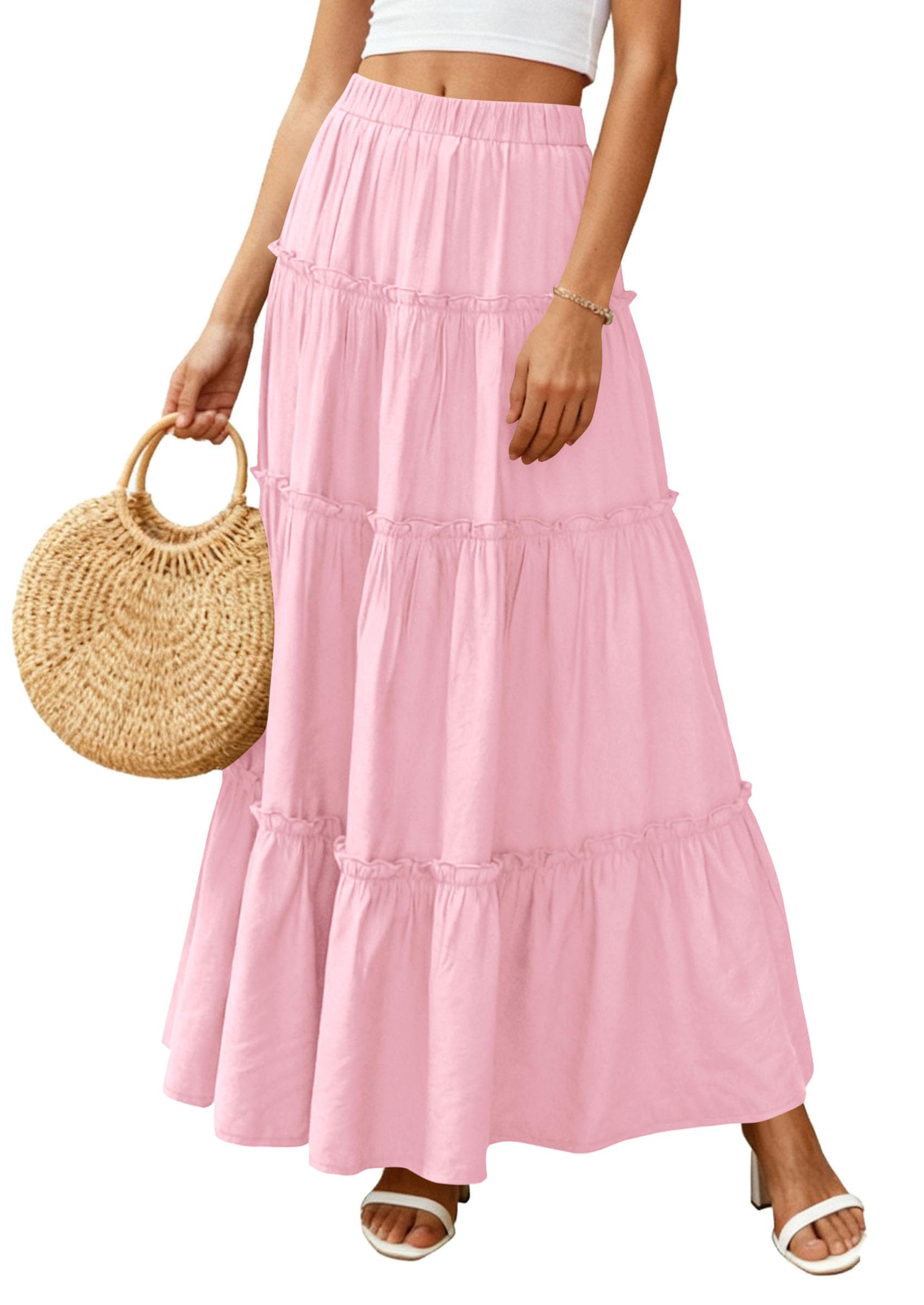 Women's Boho Tiered Ruffle Flowy Maxi Skirt, Light Pink,S