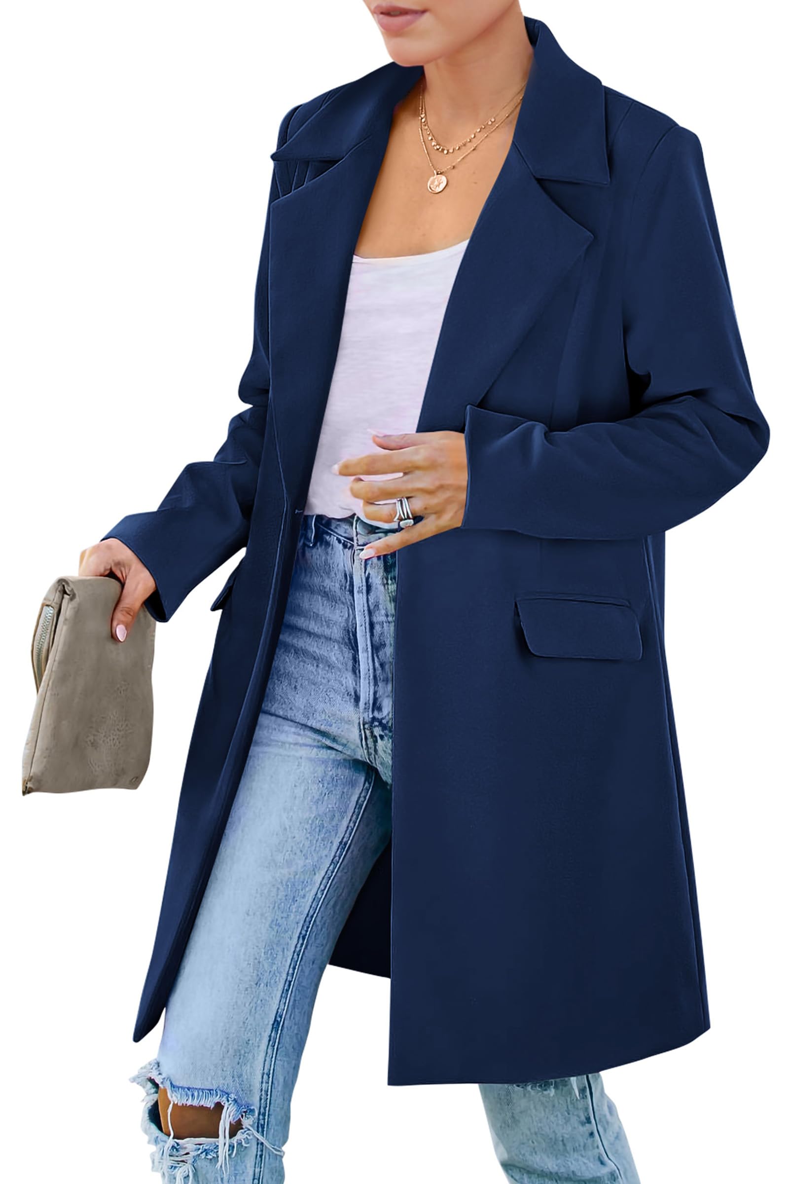 Women's Business Casual Long Blazer Jackets(Navy,S)