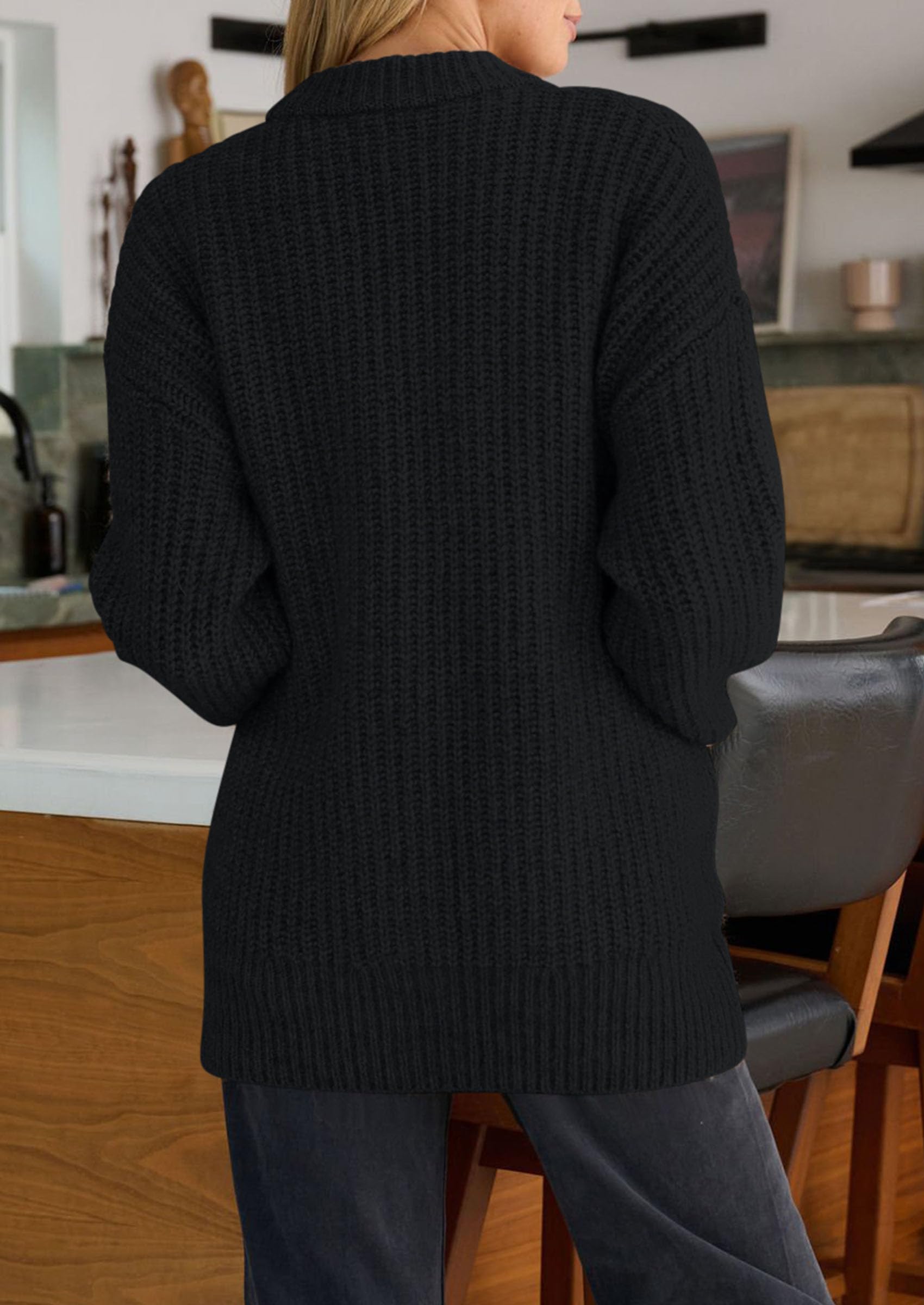 Oversized Cardigan Sweaters for Women Button Up,Black,S