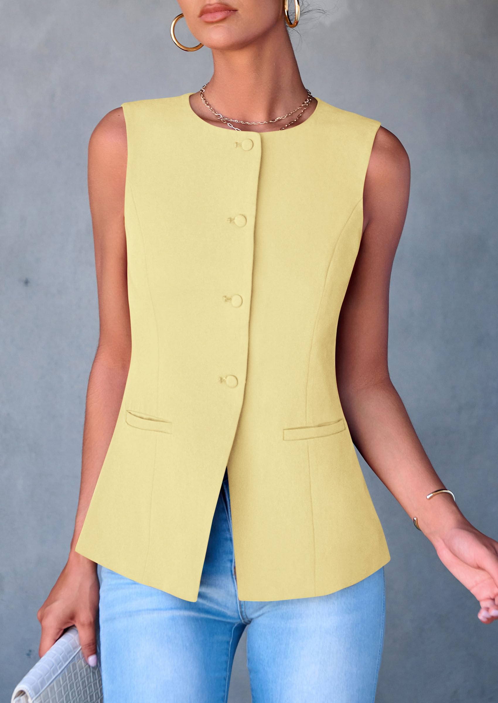Women Tailored Suit Vest Business Casual Tops, Yellow,S