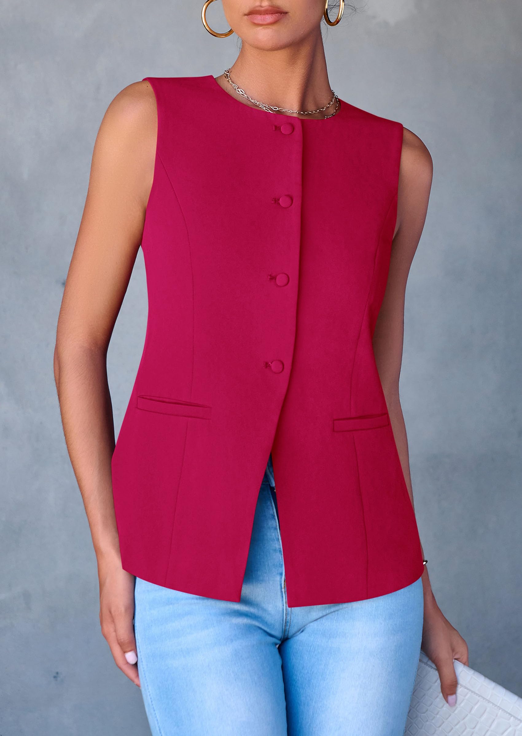 Women Tailored Suit Vest Business Casual Tops, Magenta,S