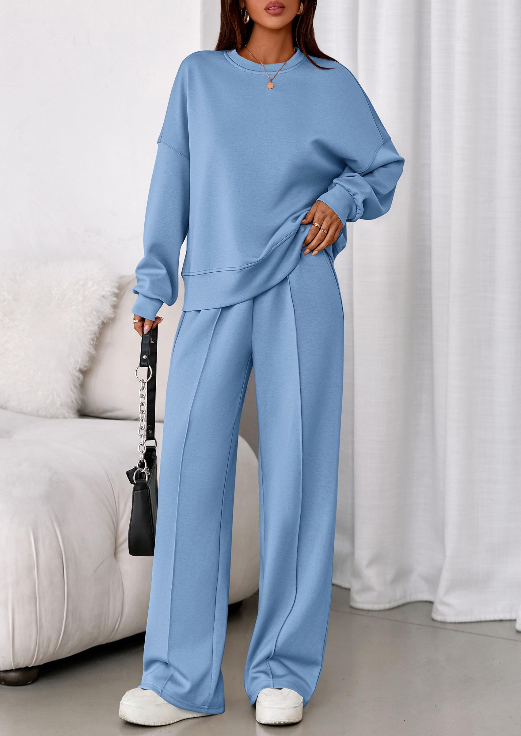 Womens Long Sleeve Sweatshirt 2 Piece Sets,Light Blue,S