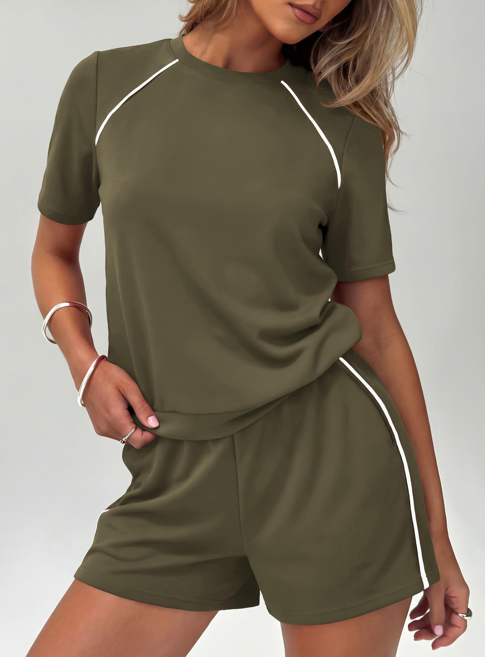 Womens 2 Piece Short Sets Casual Summer Outfits, Army Green,S