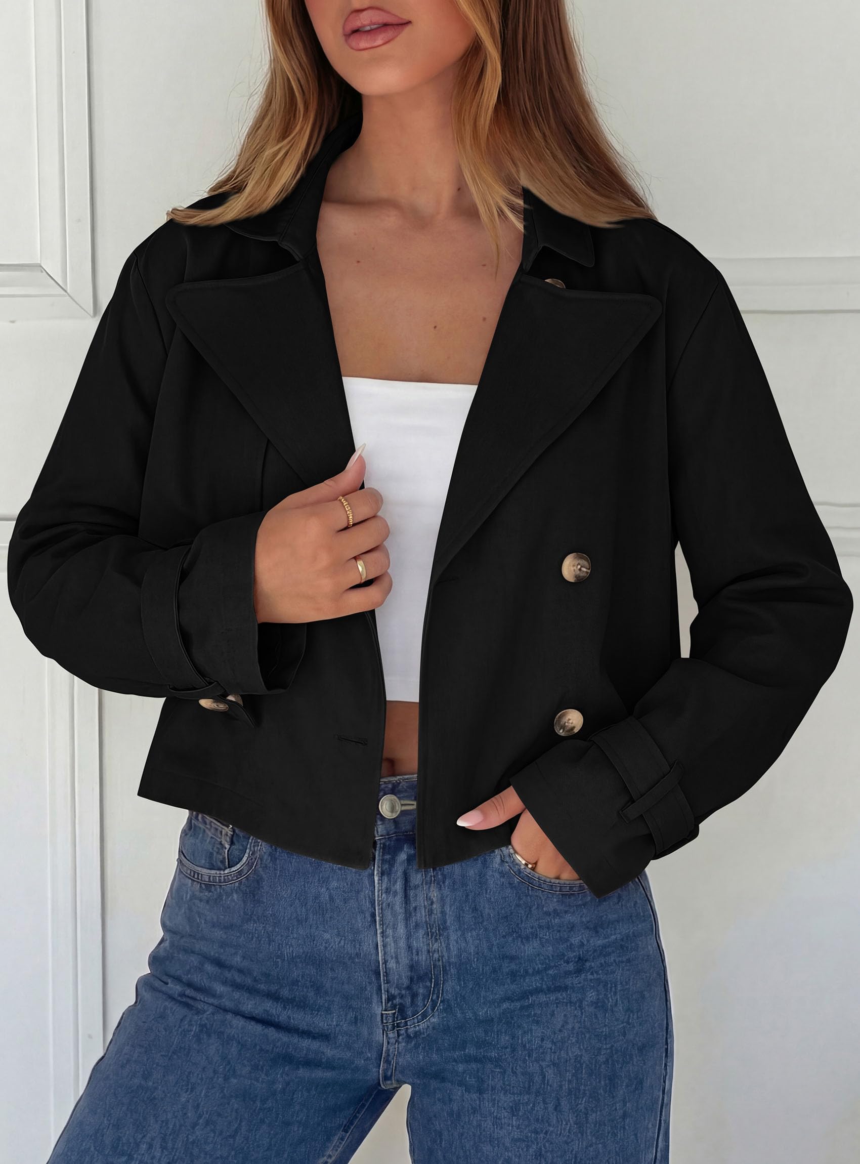 Cropped Trench Coat For Women Short Jacket,Black,S