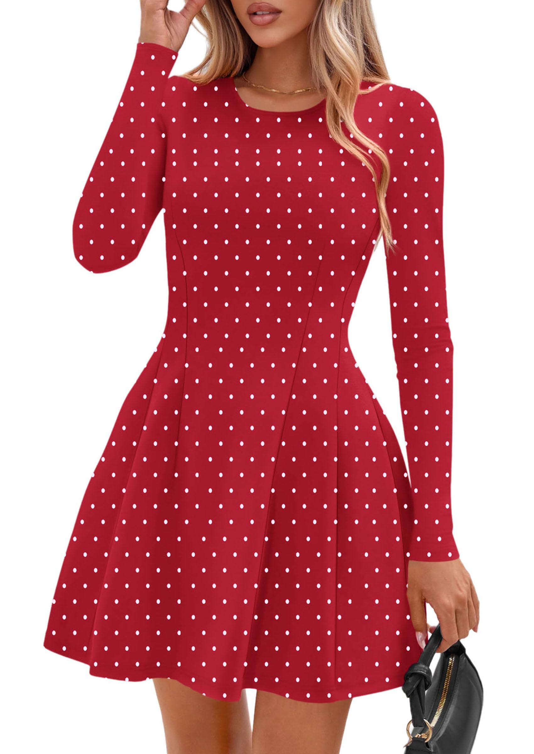 Womens Long Sleeve Pleated Mini Dress,Dot Red White,XS