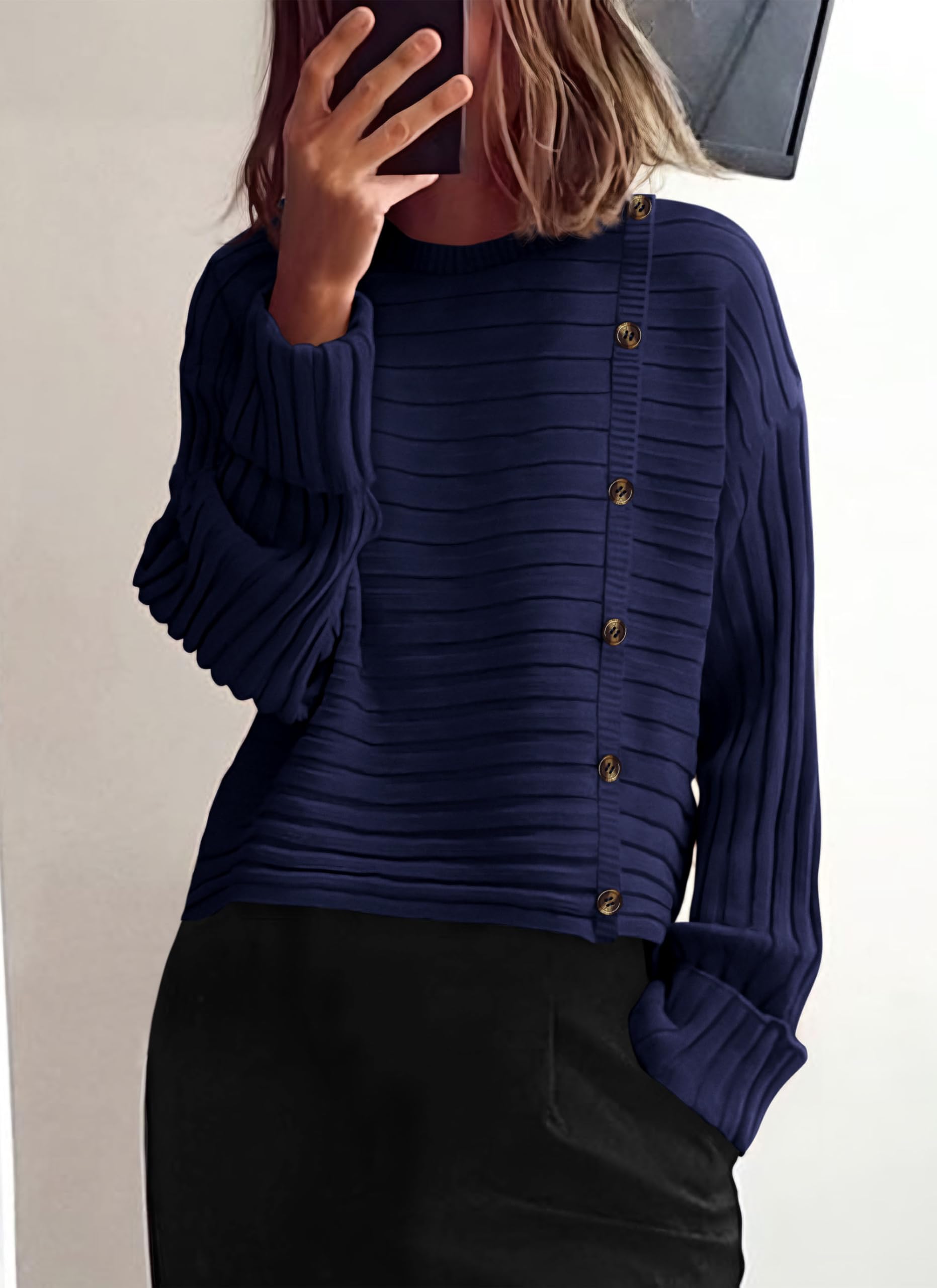 Womens Asymmetric Button Long Sleeve Sweater,Navy,S