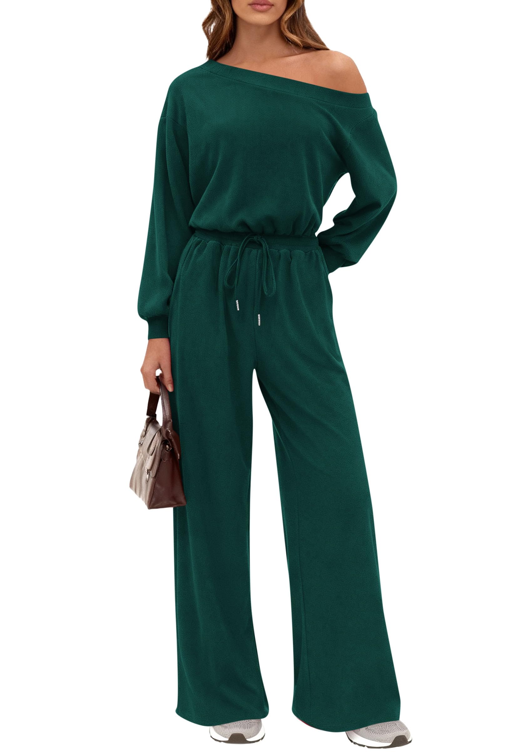 Womens Off Shoulder Long Sleeve Jumpsuit,Dark Green,S