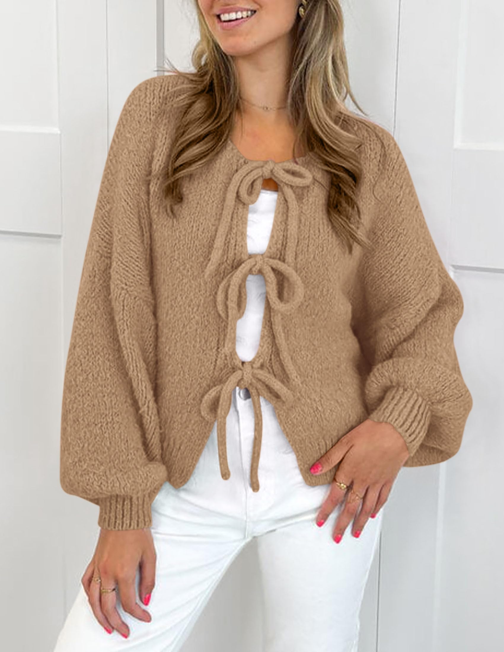 Women's Tie Front Bow Cardigan Sweaters(Camel,Small)