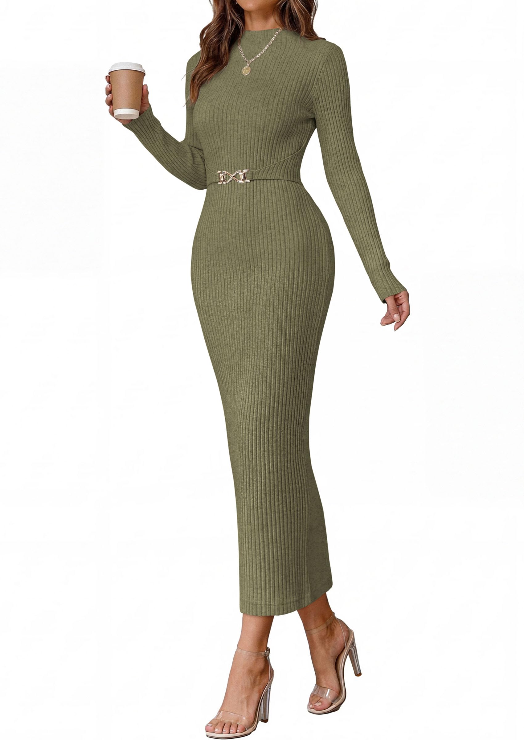 Women's Long Sleeve Bodycon Maxi Sweater Dress Army Green,L