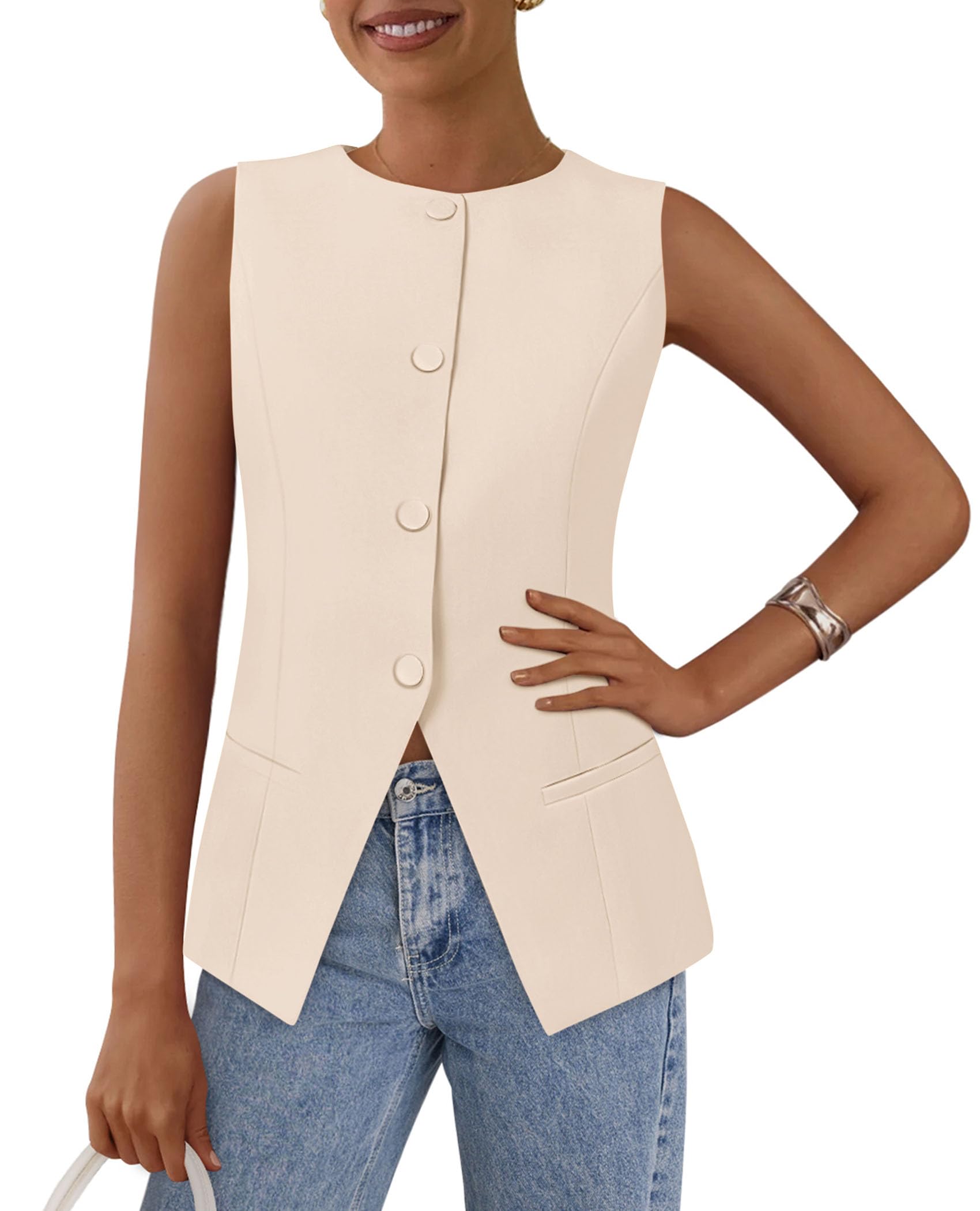 Women Tailored Suit Vest Business Casual Tops, Apricot,M