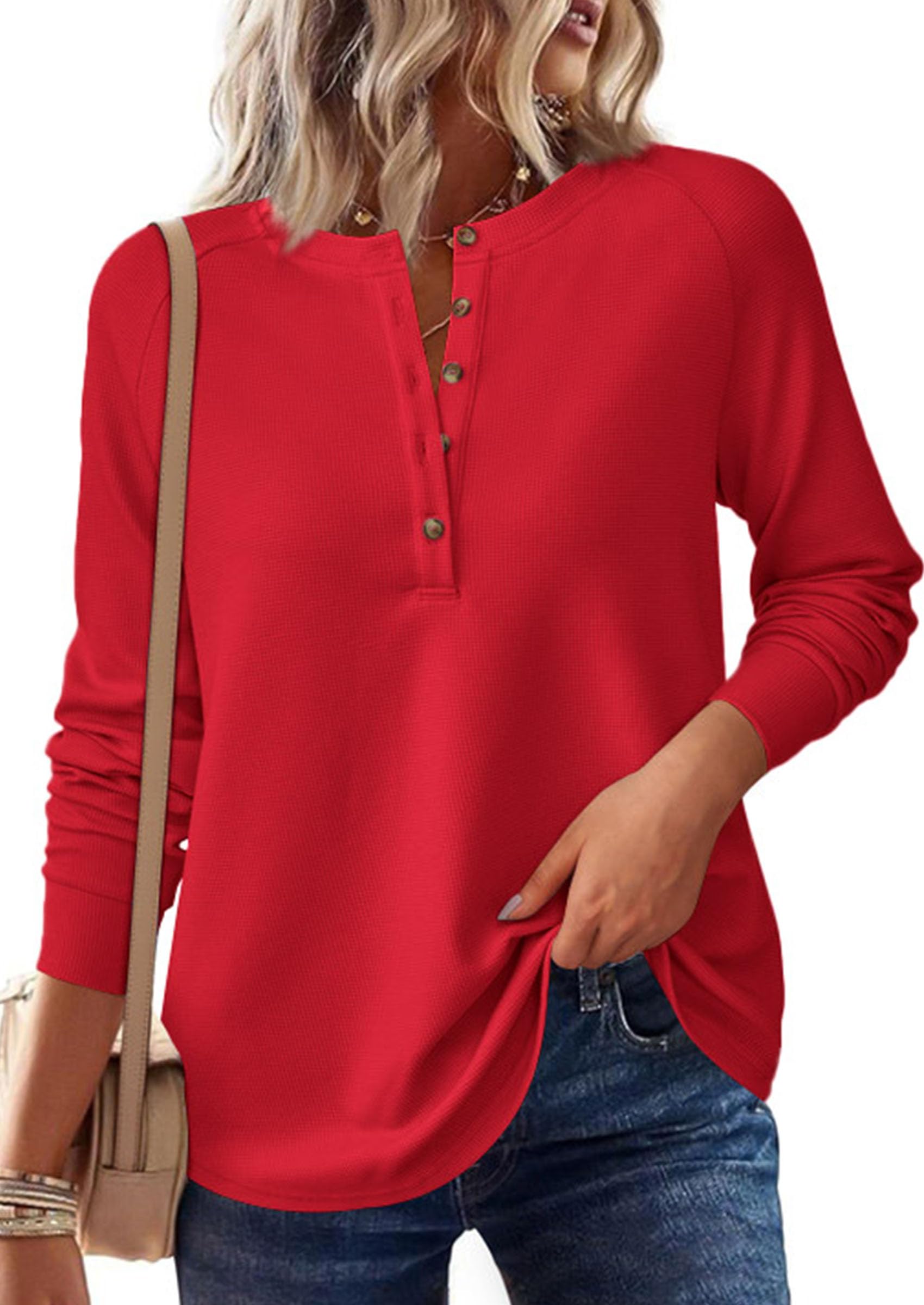 Women's Long Sleeve Waffle Knit Henley Shirts Loose Tunic Tops