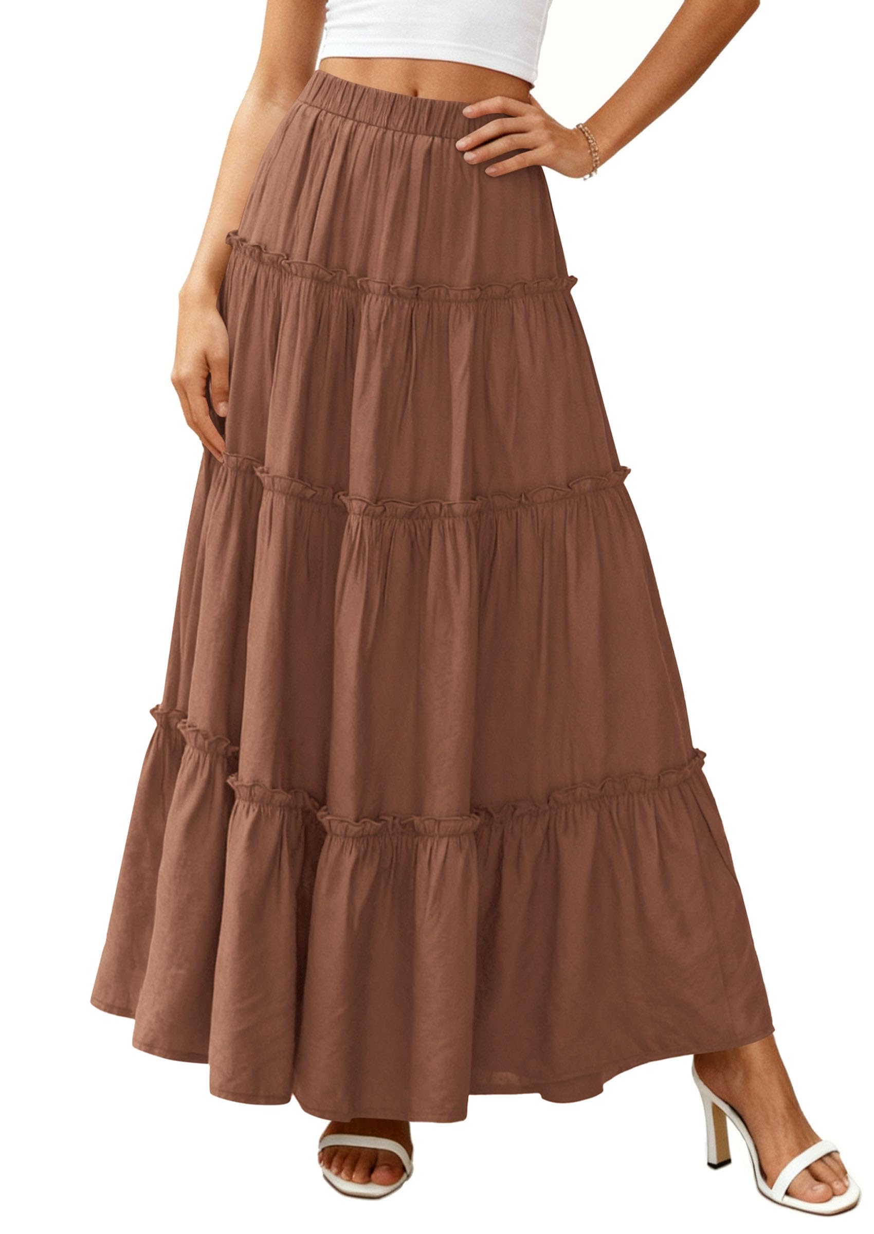 Women's Boho Tiered Ruffle Flowy Maxi Skirt, Light Brown,S