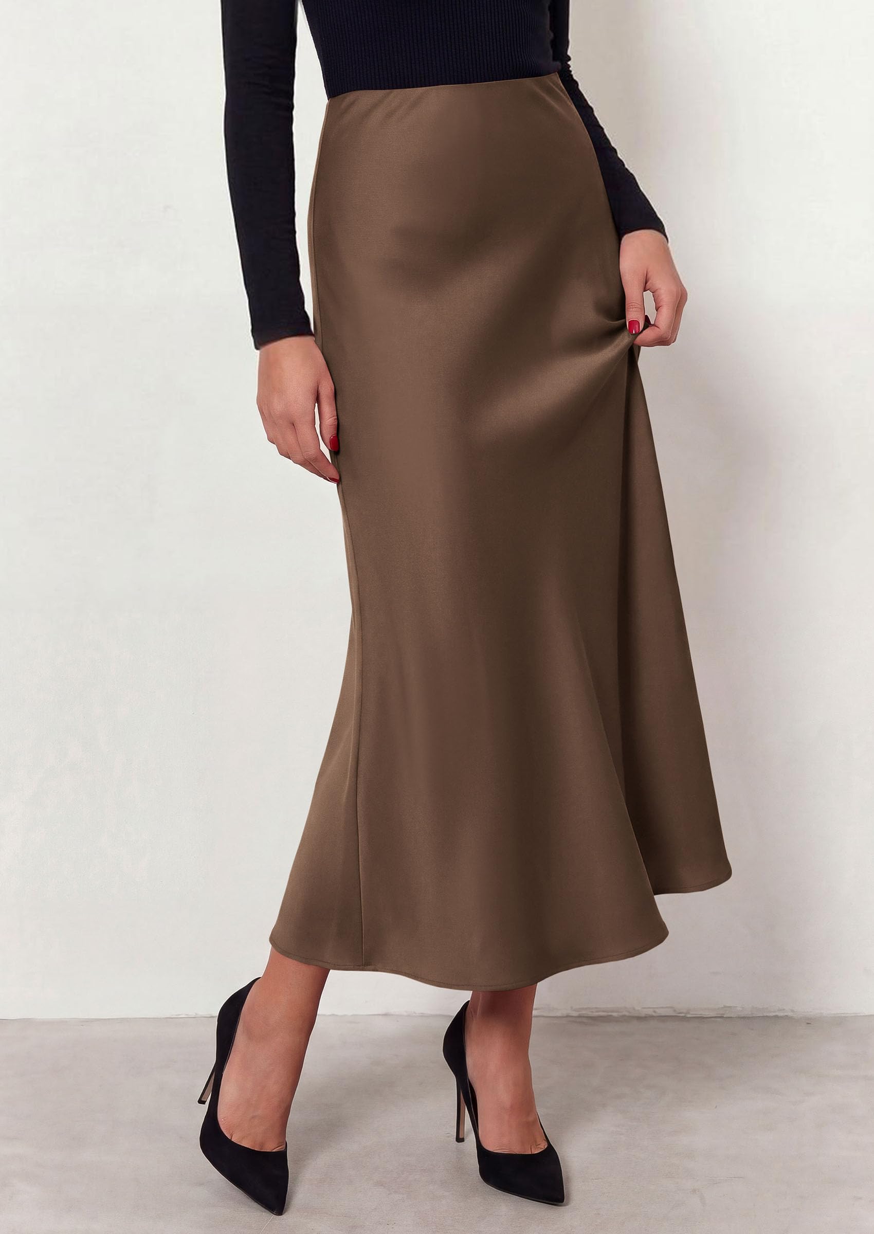Women's Silk Satin Maxi Skirts Fall Clothes (Brown,L)