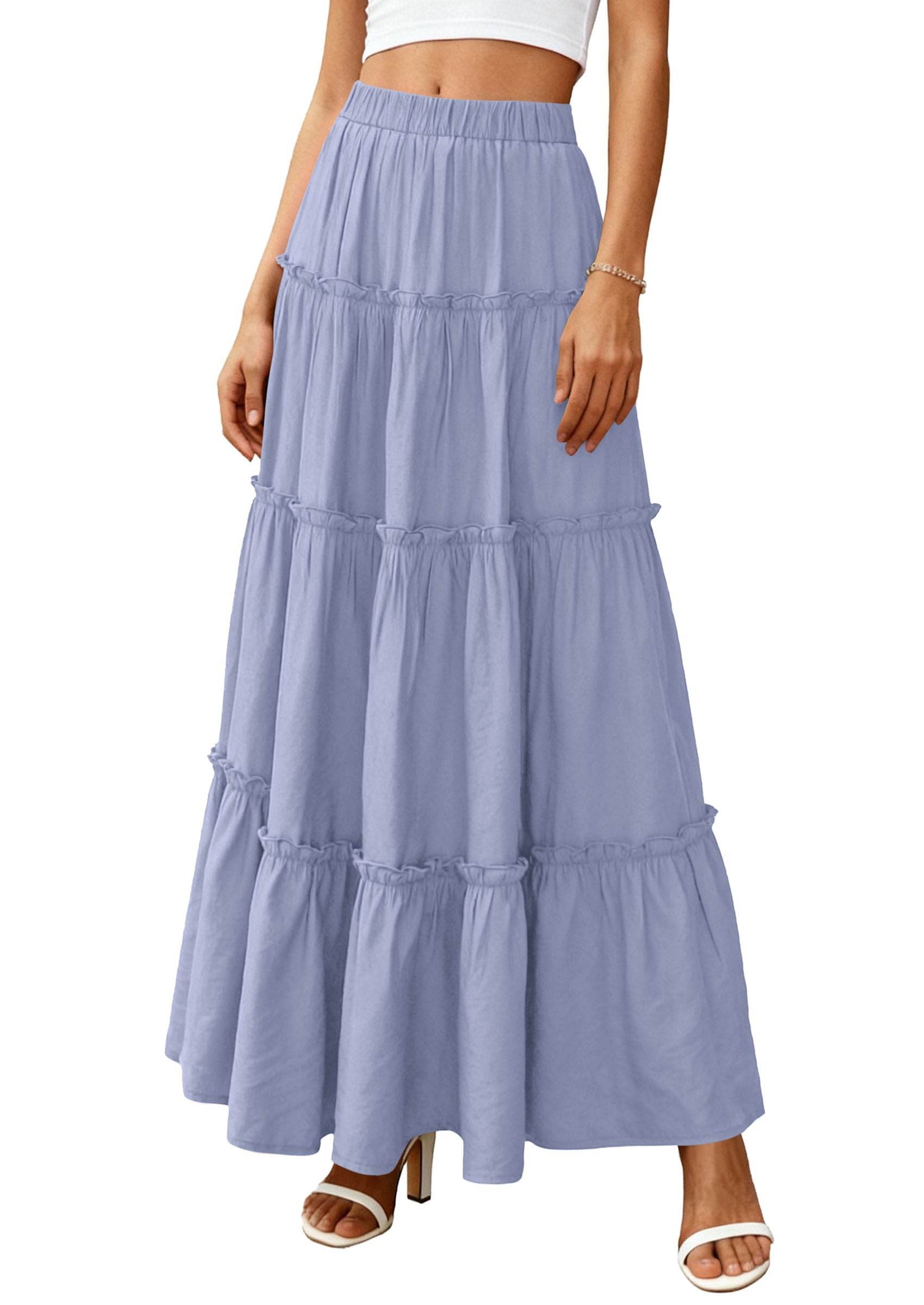 Women's Boho Tiered Ruffle Flowy Maxi Skirt, Blue,S