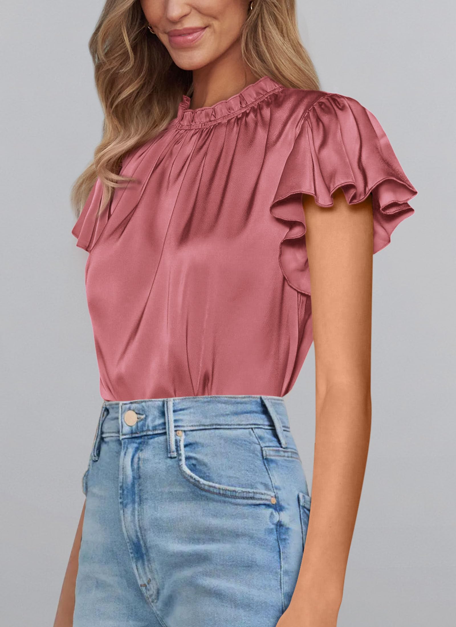 Women's Satin Tops Business Casual Work Blouses, Dusty Pink,S