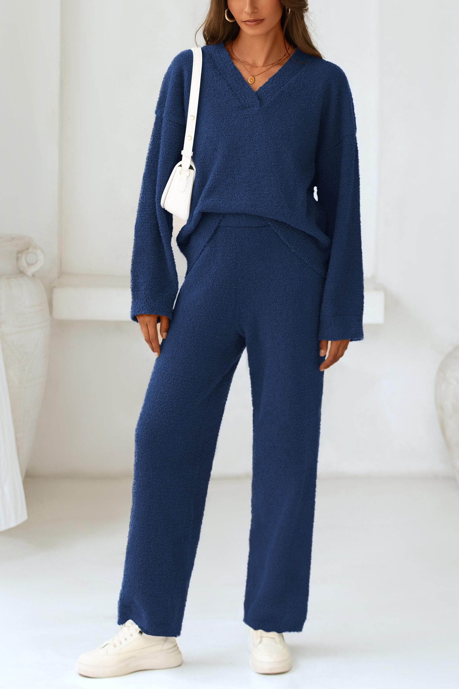 Lounge Sets for Women Fall 2 Piece Fuzzy Sweater Pajama Set