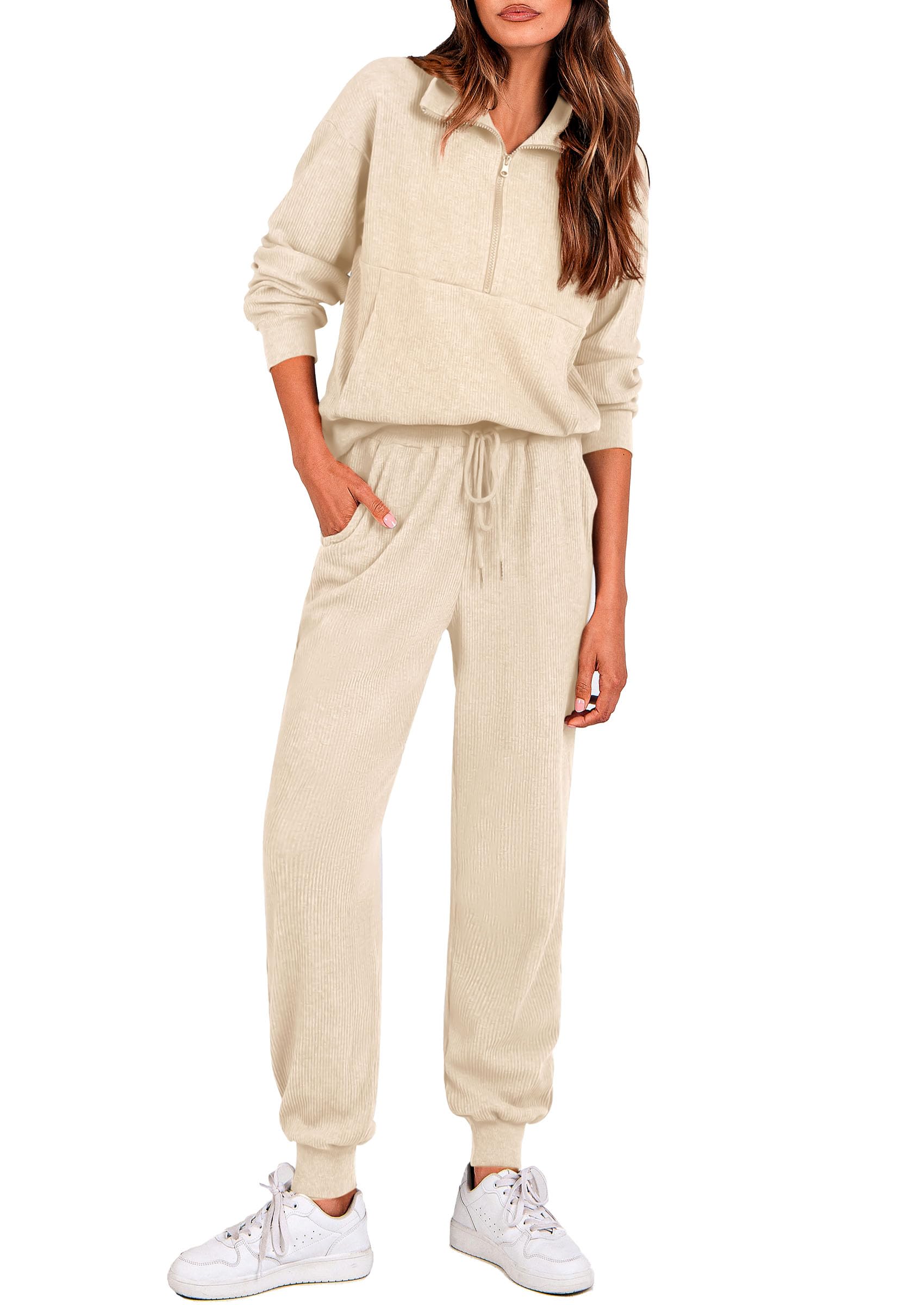 Airport Travel Outfit Women Ribbed Knit Matching Lounge Sets