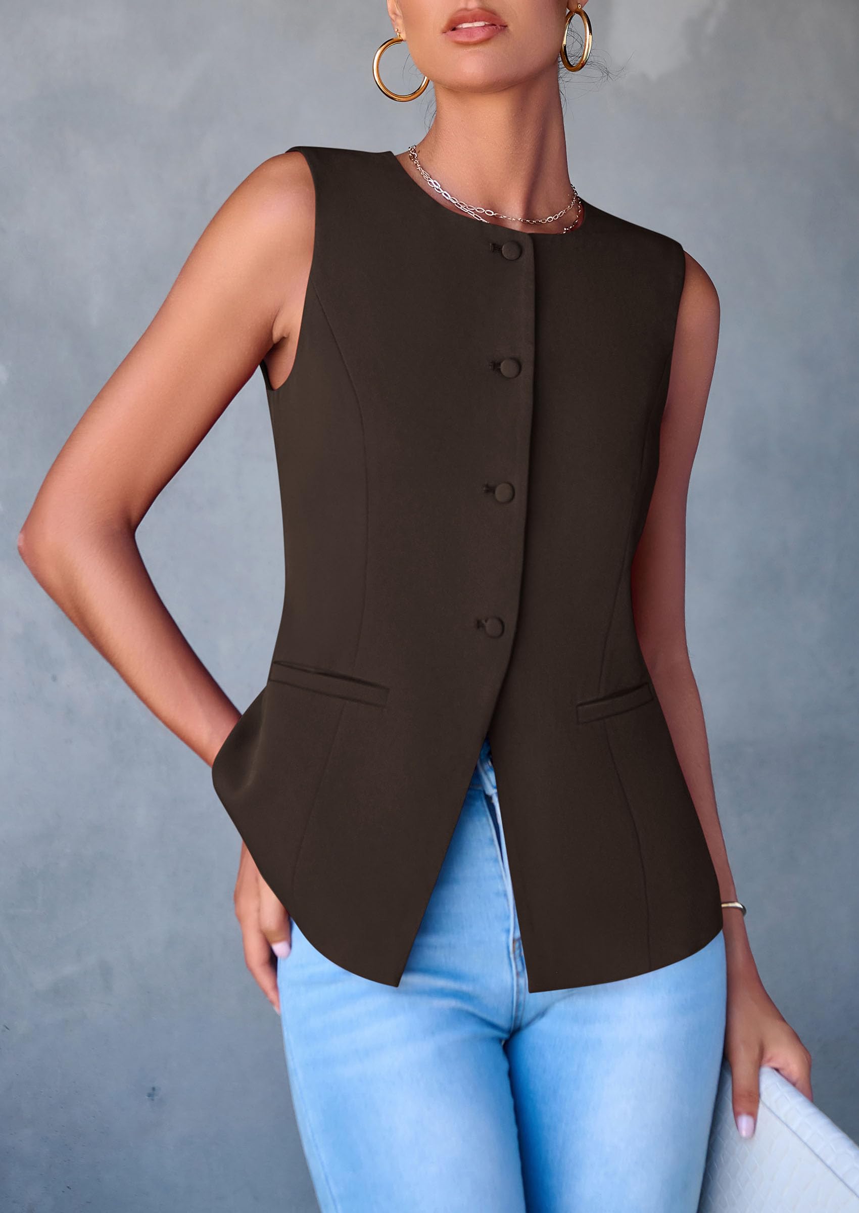 Women Tailored Suit Vest Business Casual Tops, Dark Coffee,S