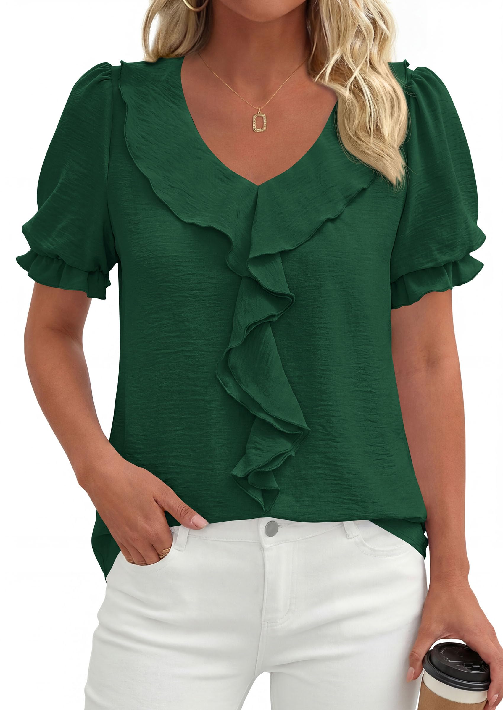 Women's Summer Ruffle Dressy Casual Blouses (Dark Green,S)