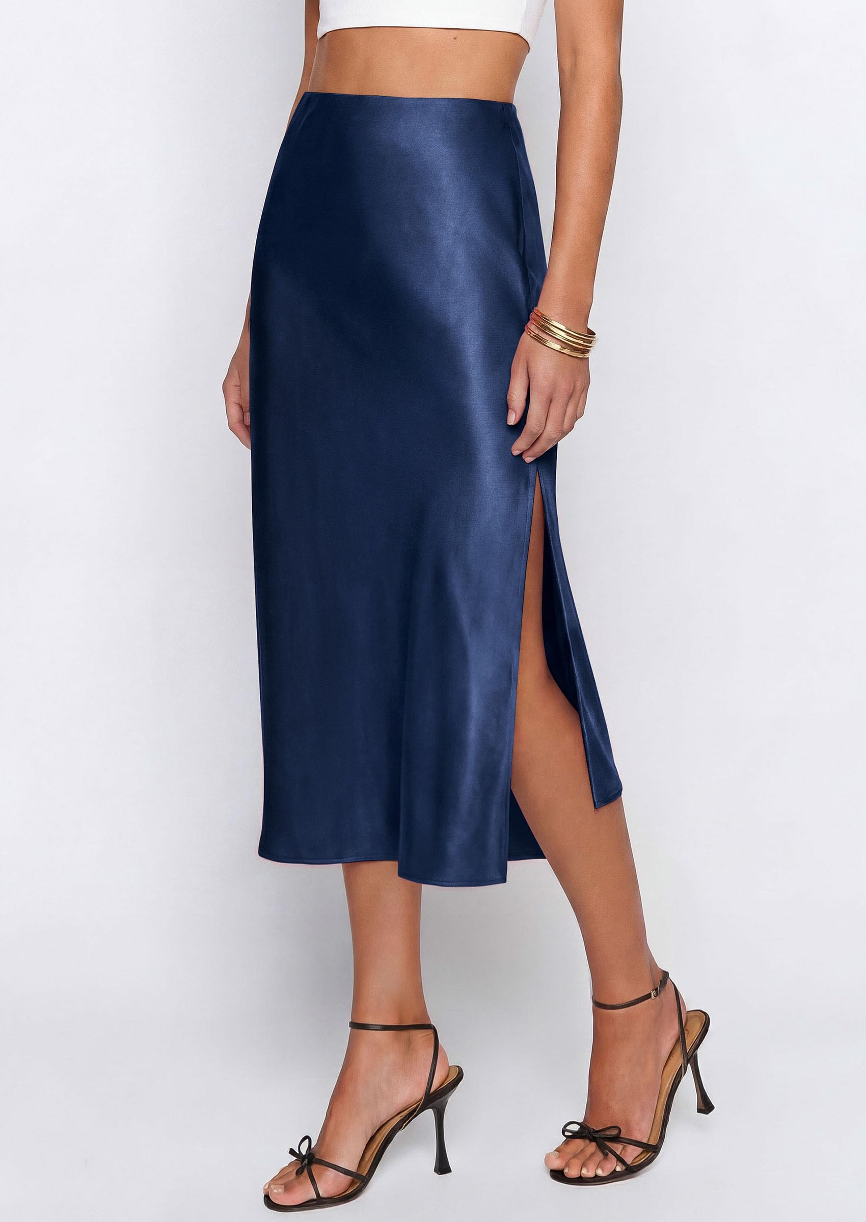 Womens Satin Skirt Silk Slip Midi Work Skirts, Navy Blue, S