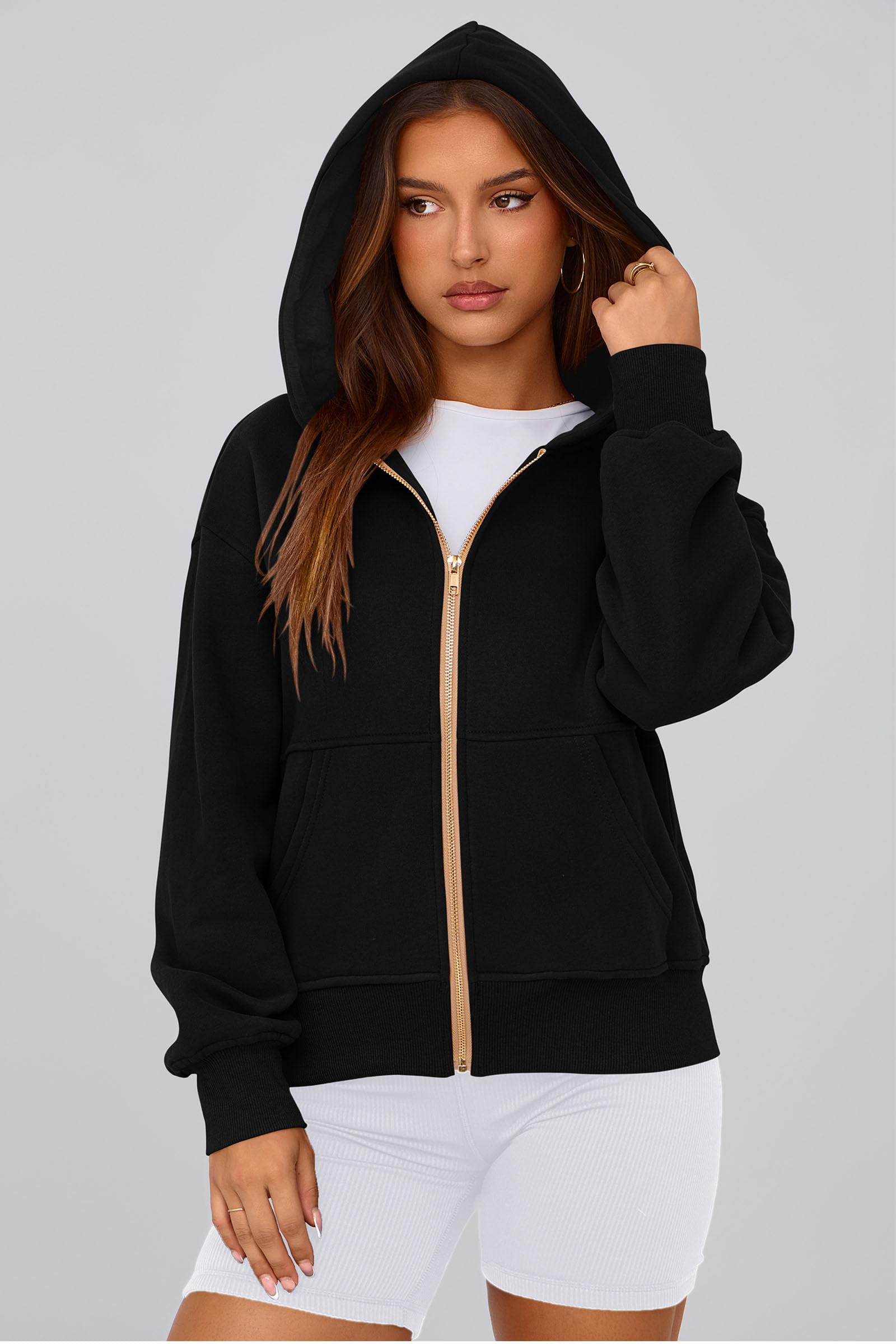 Hoodies for Women Fall Fashion Zip Up Fleece Plain Sweatshirt