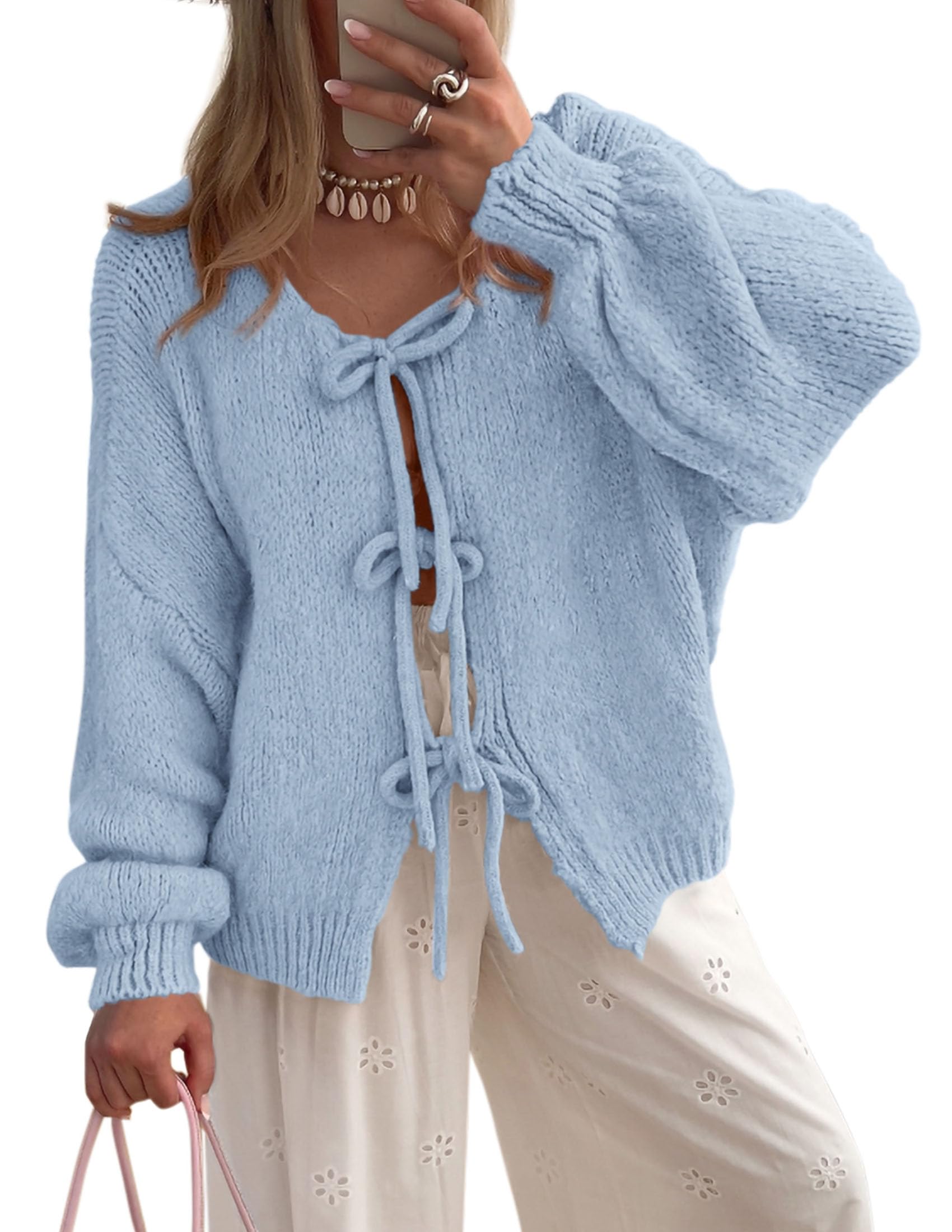 Women's Tie Front Bow Cardigan Sweaters(Sky Blue,Medium)