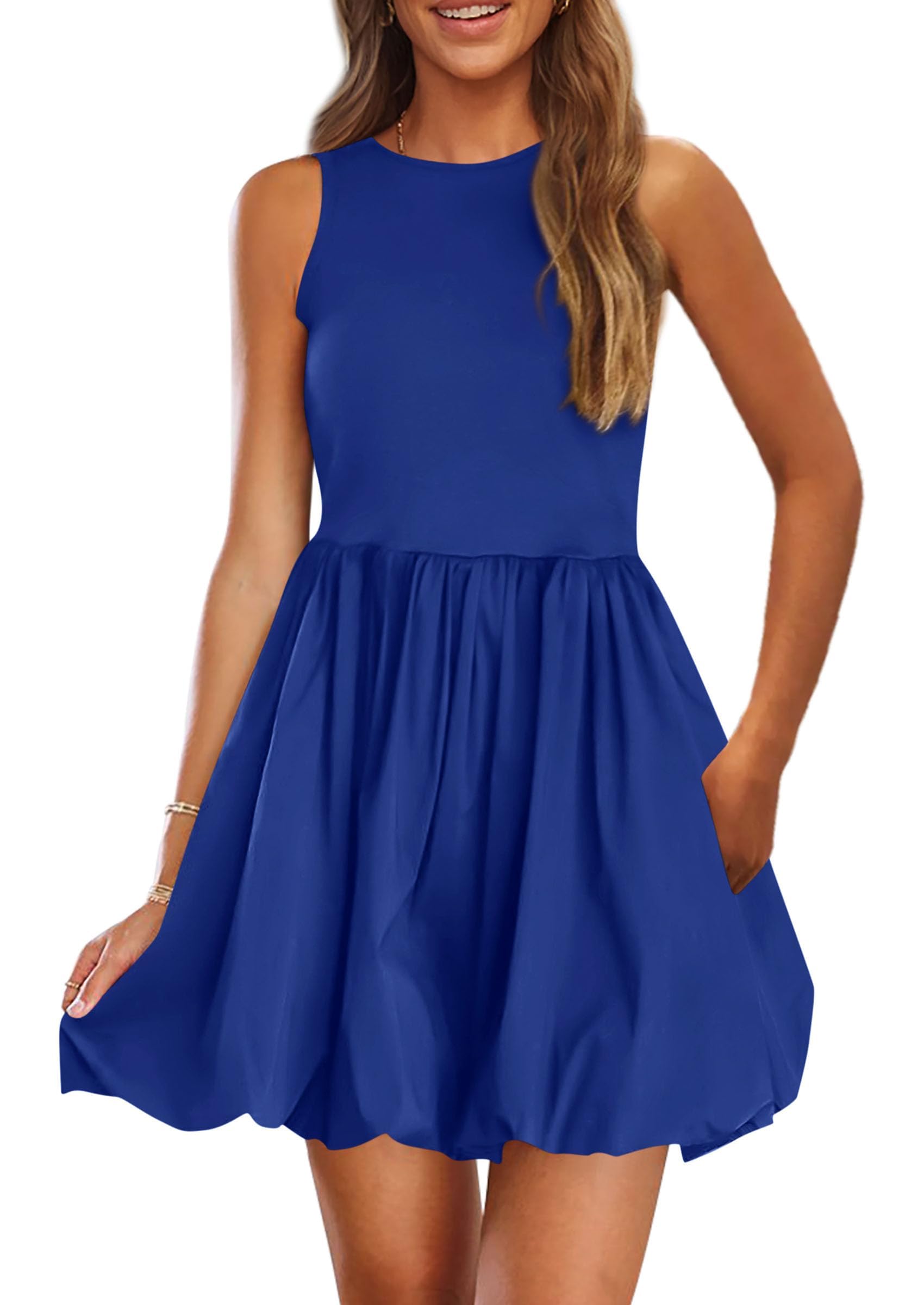 Womens Summer Bubble Sleeveless Mini Dress,Royal Blue,S