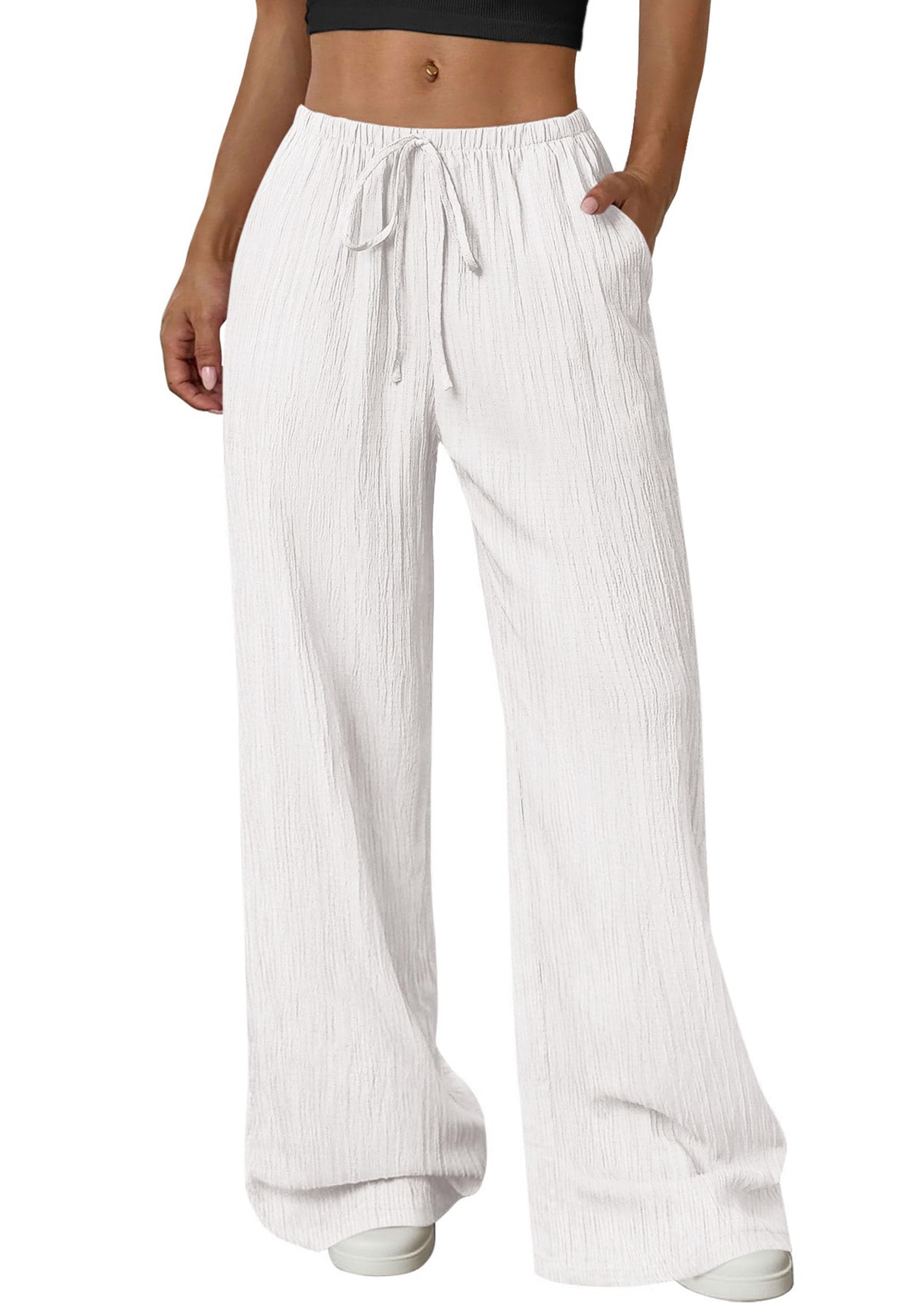 Women's Palazzo Pants Casual Wide Leg Trousers,White,S