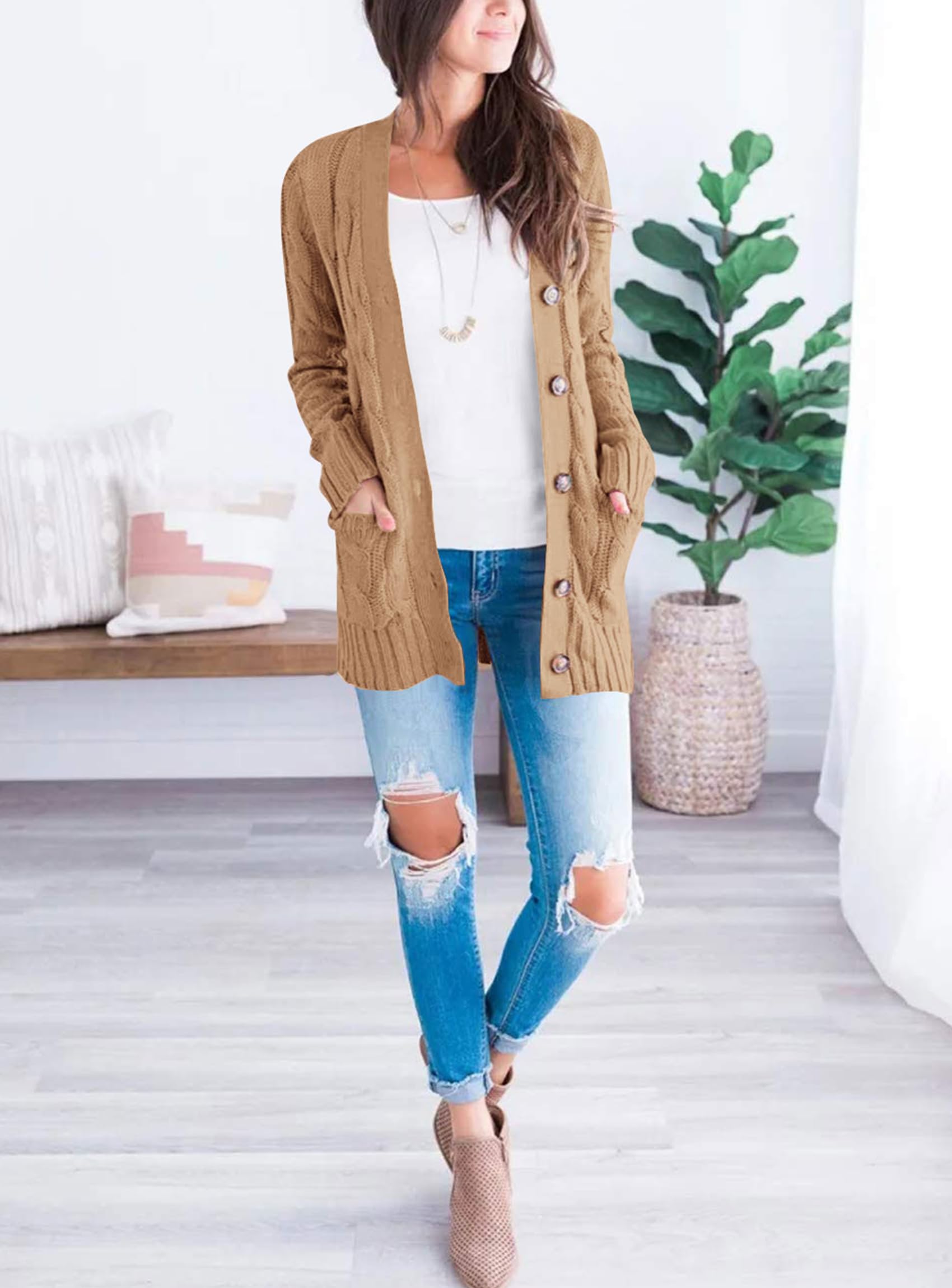 Women Chunky Cable Knit Cardigan Sweaters Fall Fashion Clothes
