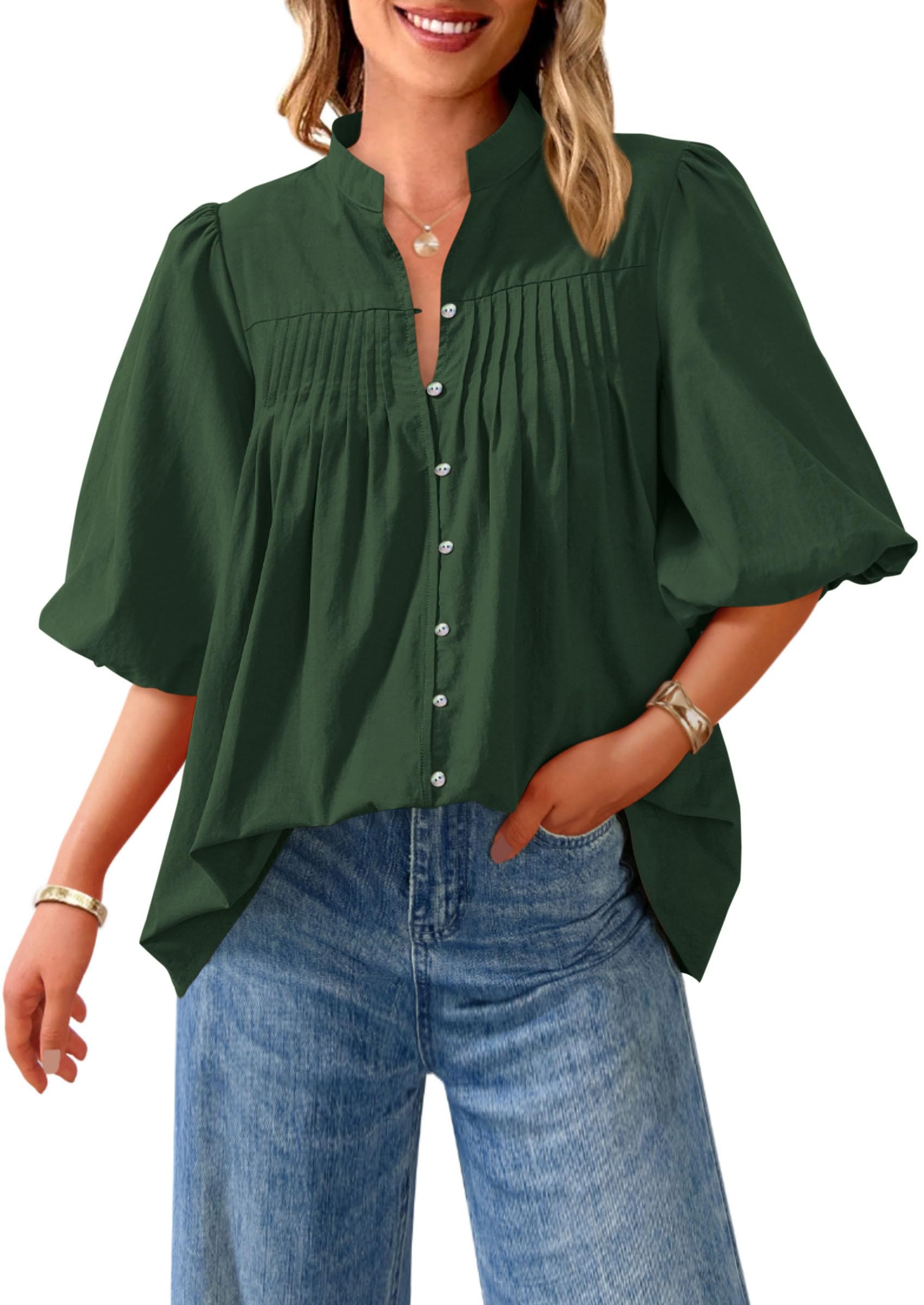 Short Sleeve Henley Shirts for Women,Dark Green,S