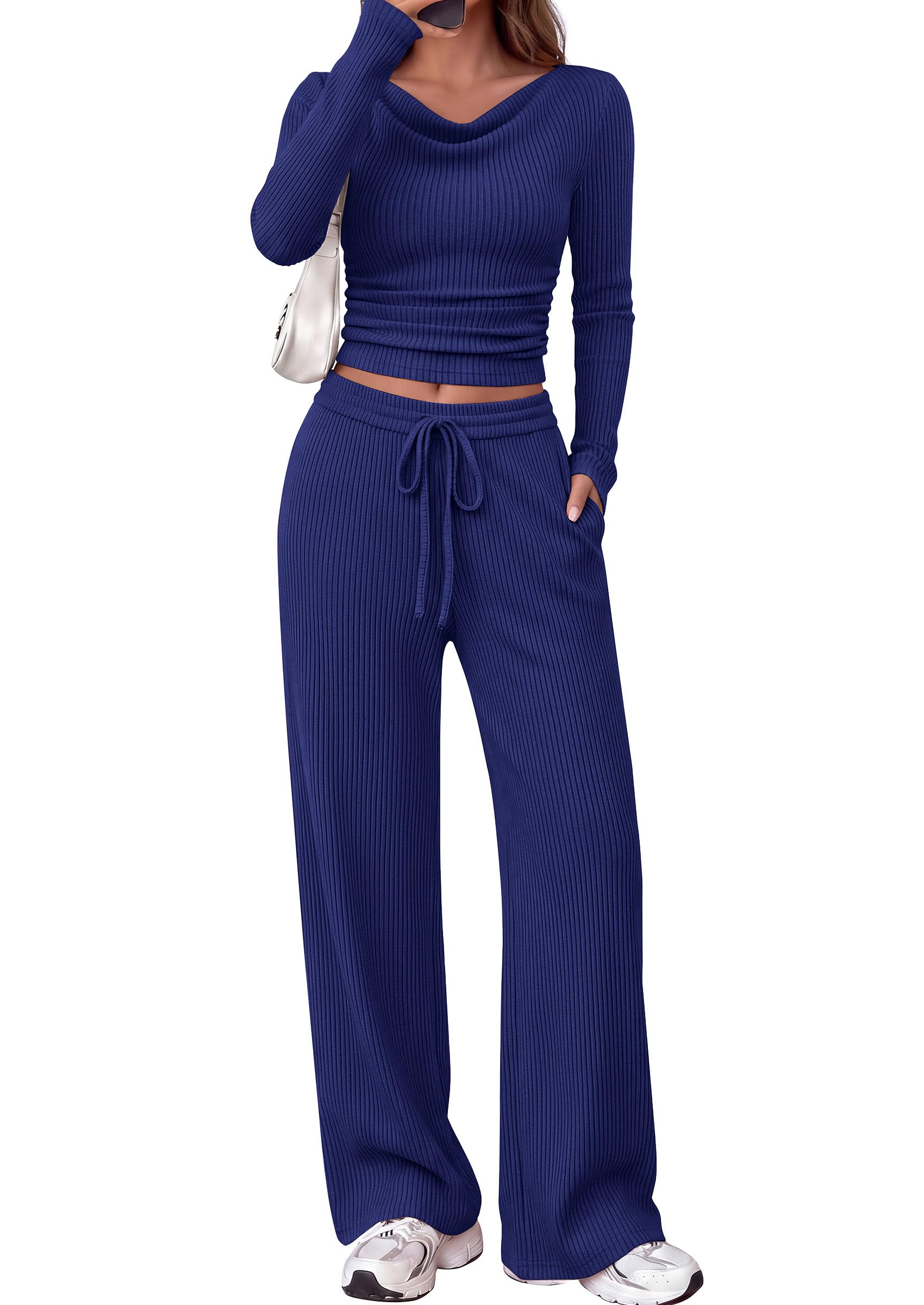 Matching Sets Women Clothing Fall Ribbed 2 Piece Lounge Set