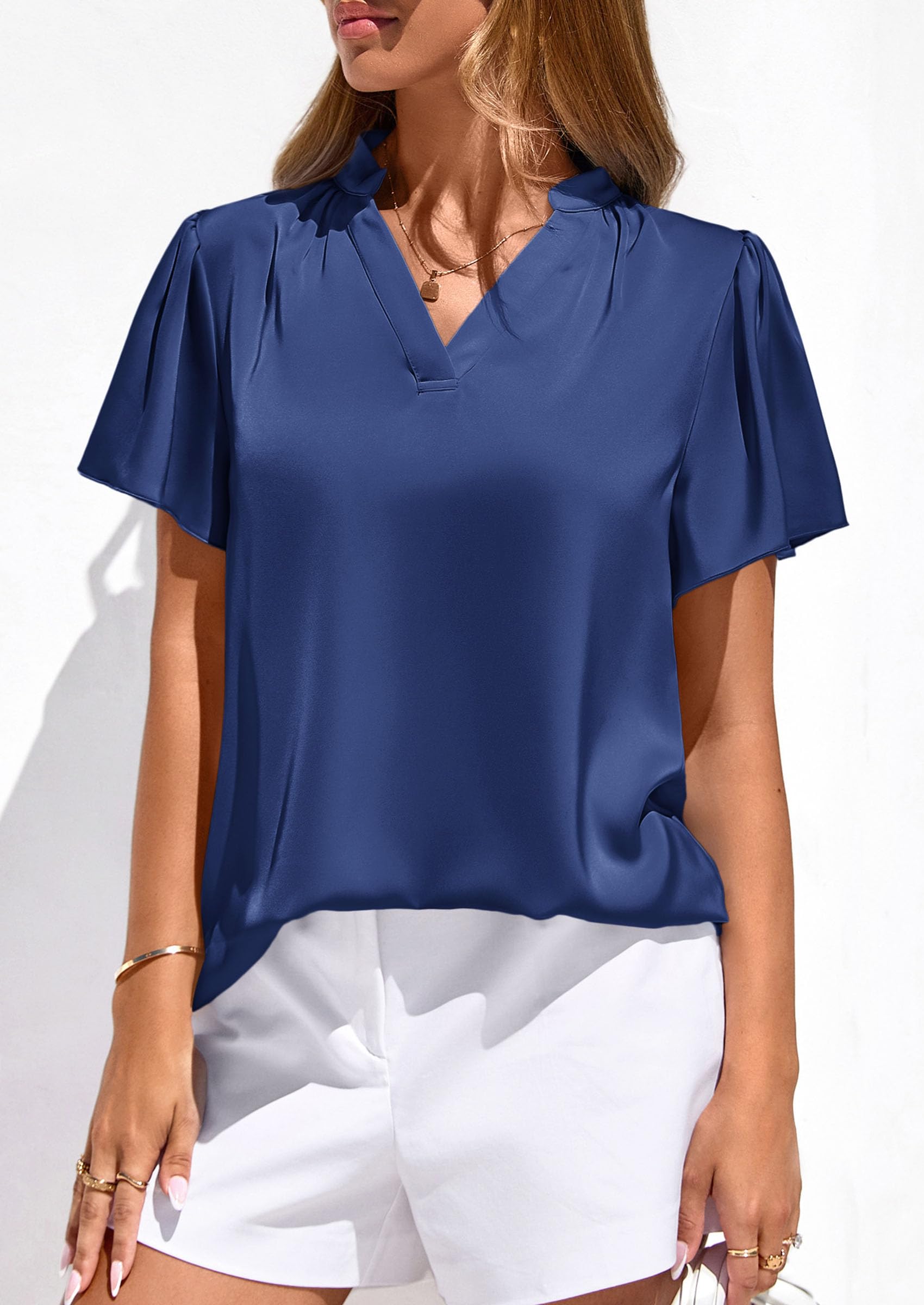 Women's Summer Satin Dressy Casual Blouses (Navy Blue,S)