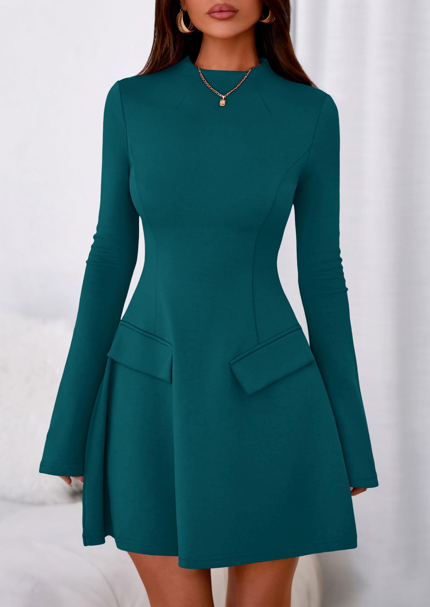 Women's Fall Bell Sleeve Short Dress,Blue Green,XS