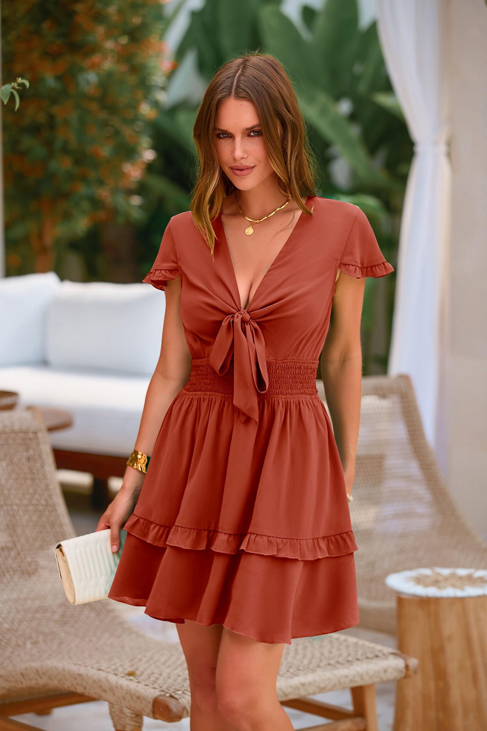 Women's Boho Floral Mini Tiered Bow Dress, Rust Red,S
