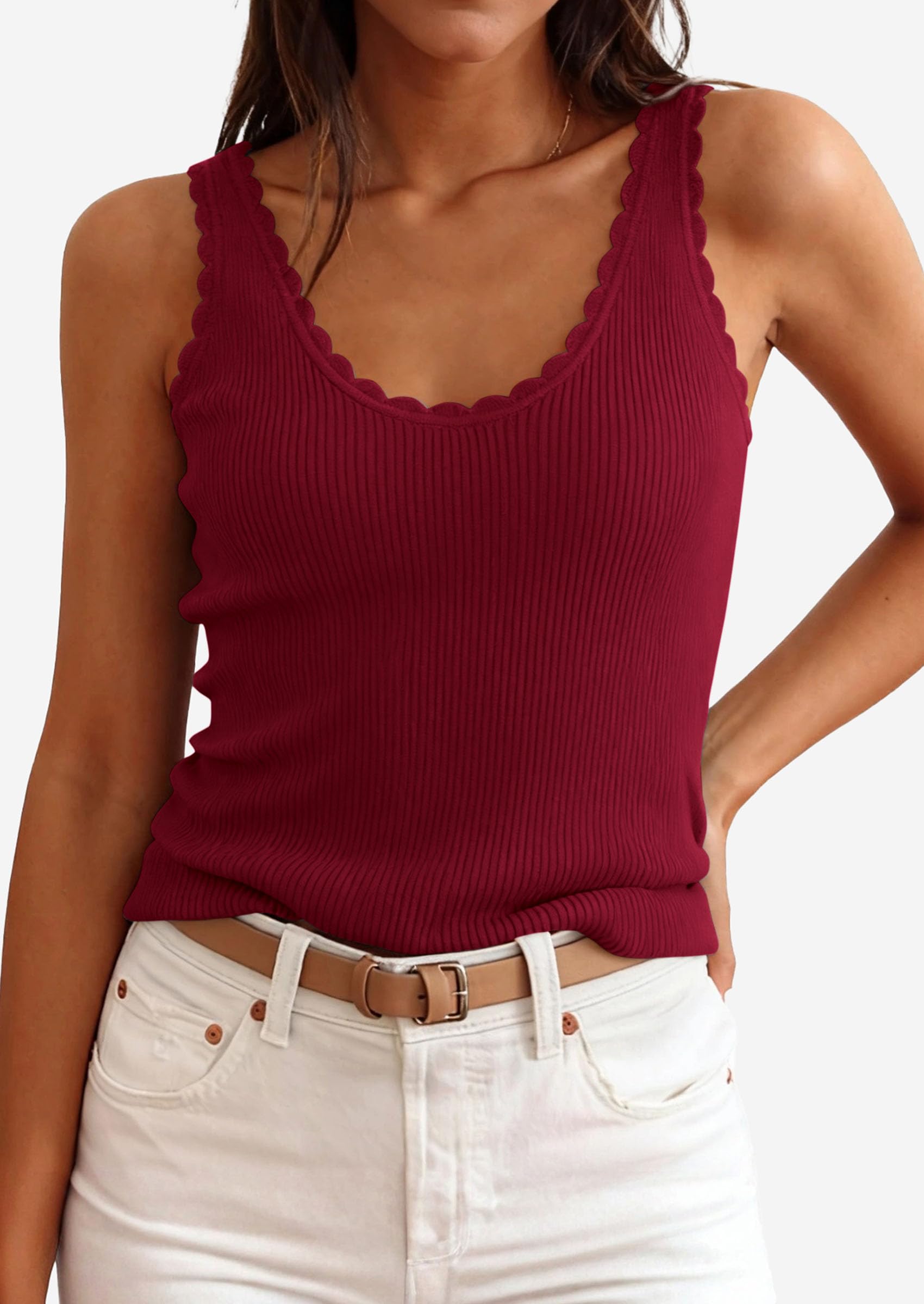 Womens Ribbed Knit Sleeveless Tank Tops,Wine Red,XS