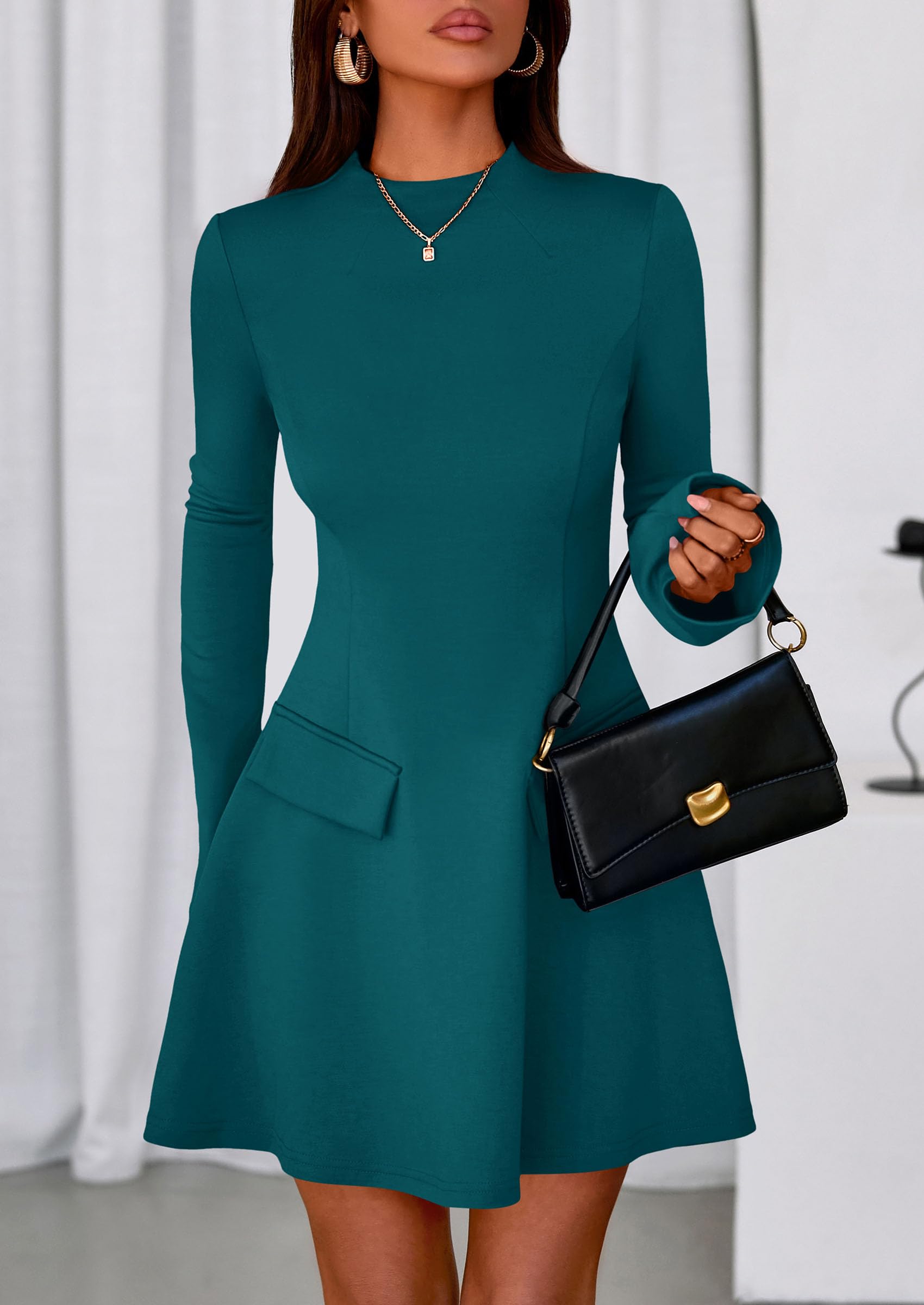 Women's Fall Bell Sleeve Short Dress,Blue Green,XS