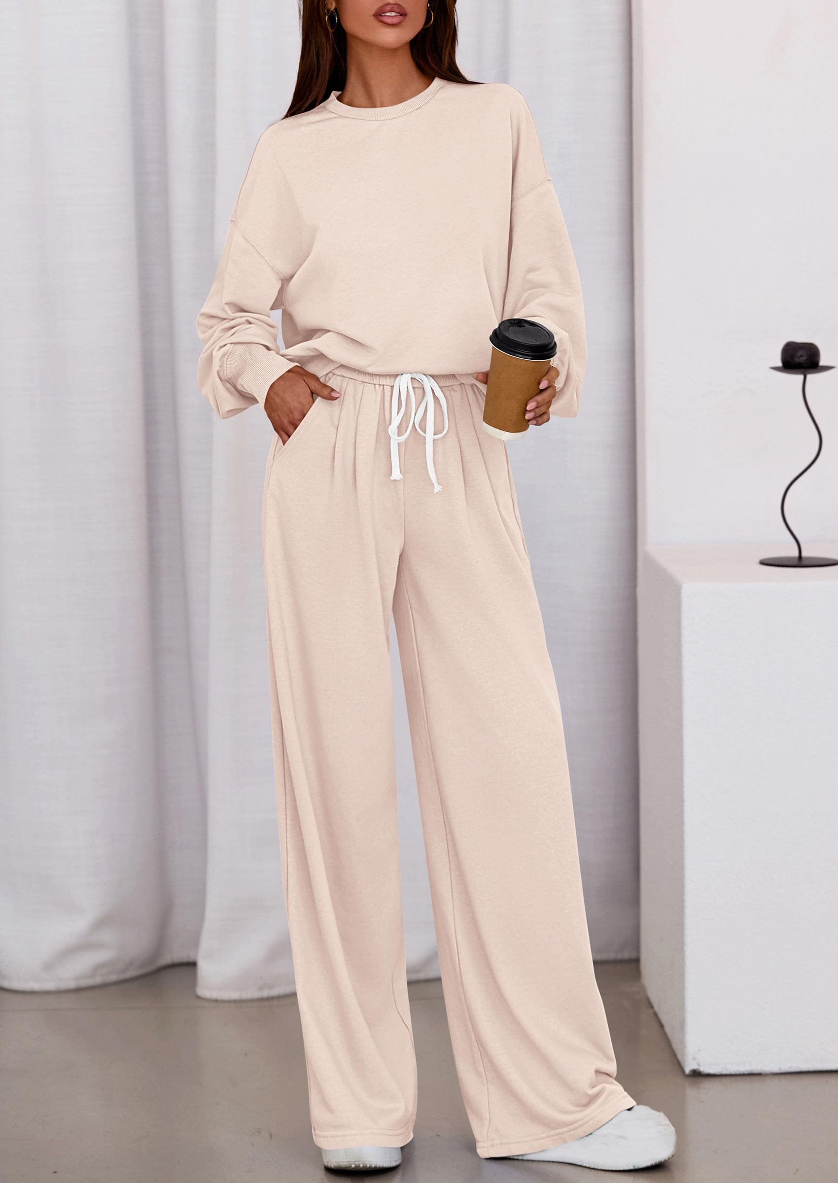 Womens Loose Fit Casual 2 Piece Lounge Set,Beige,S