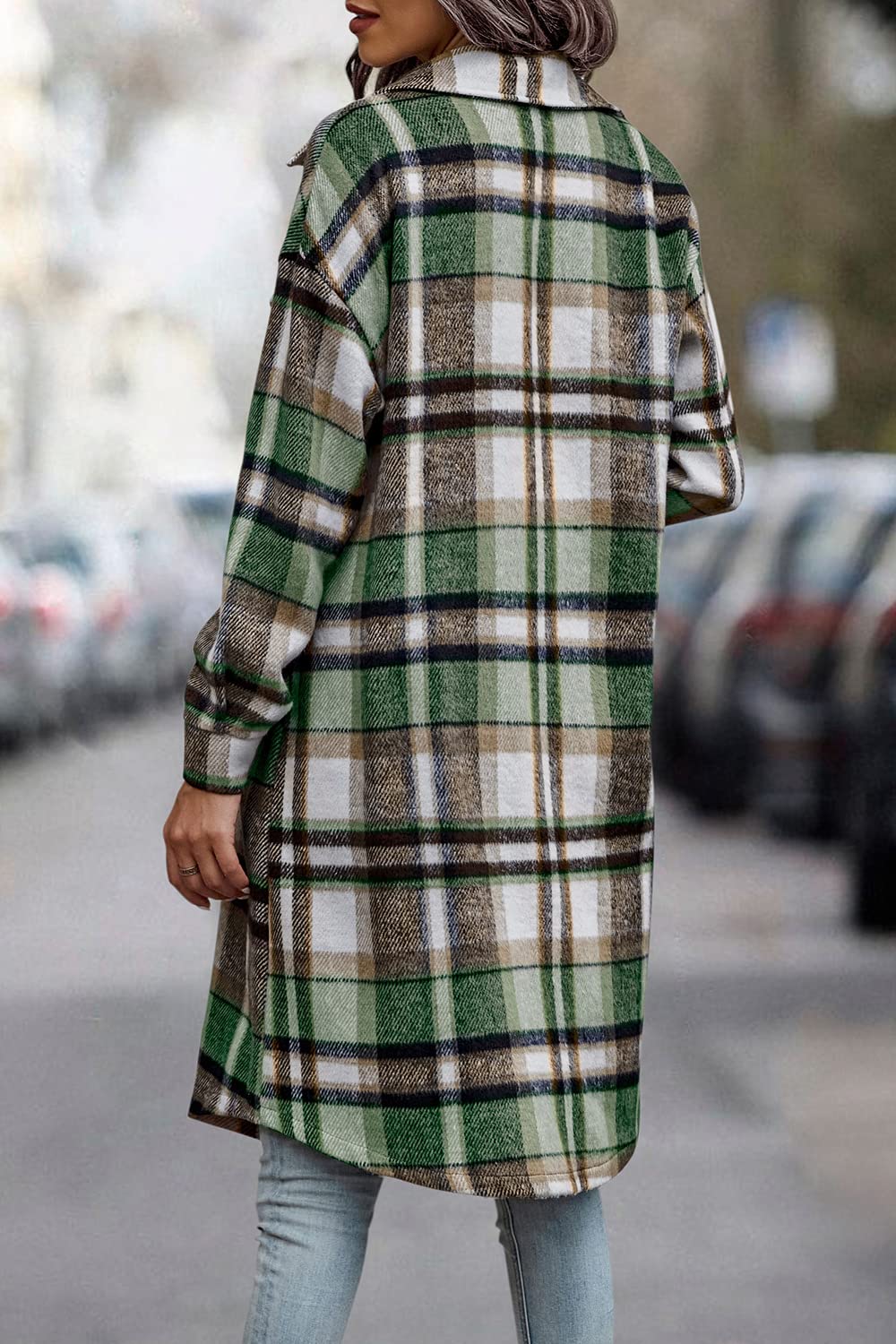 Womens Plaid Shacket Jacket Flannel Shirts,Green,L