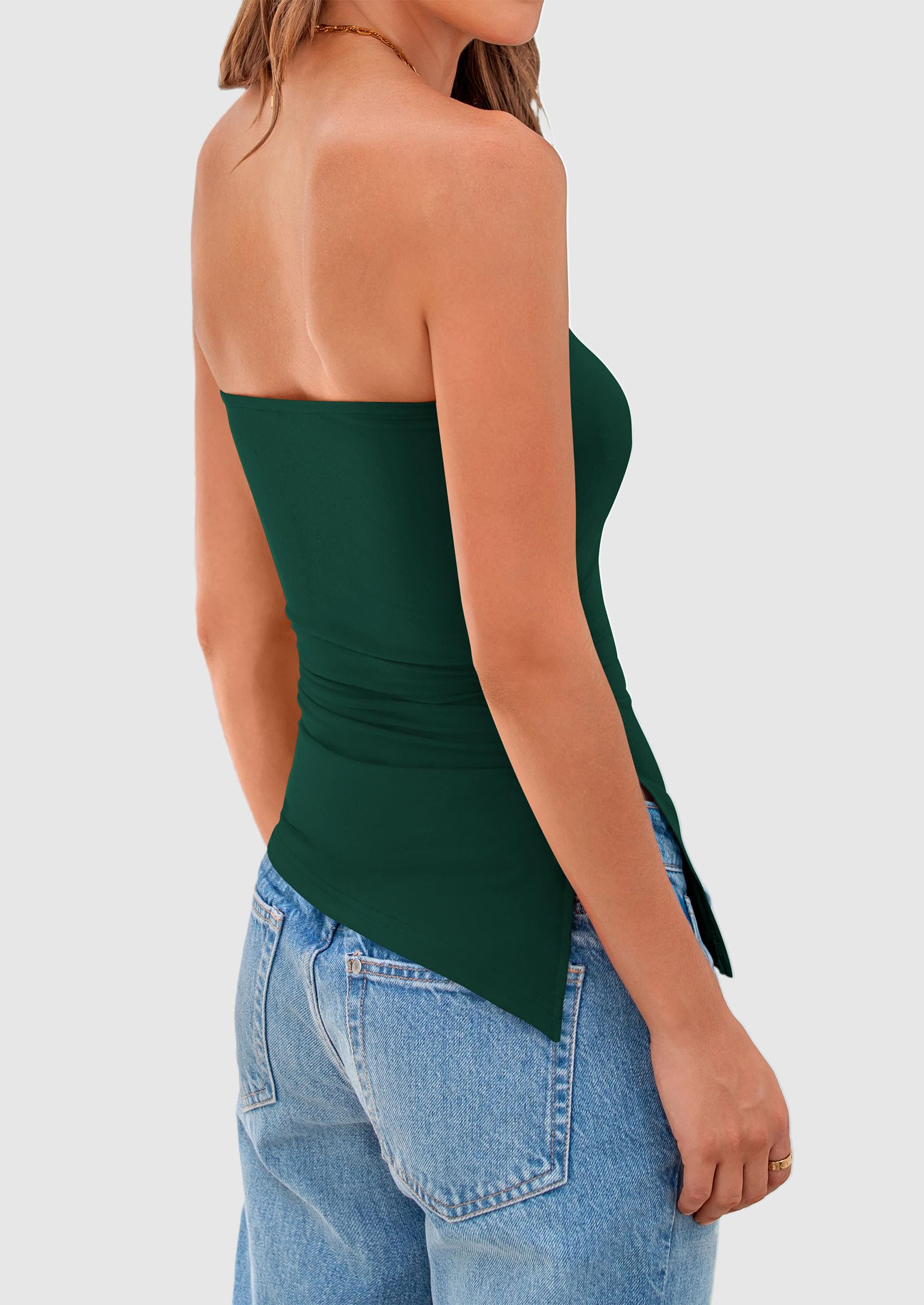 Women's Ruched Asymmetrical Strapless Tube Top, Dark Green,S