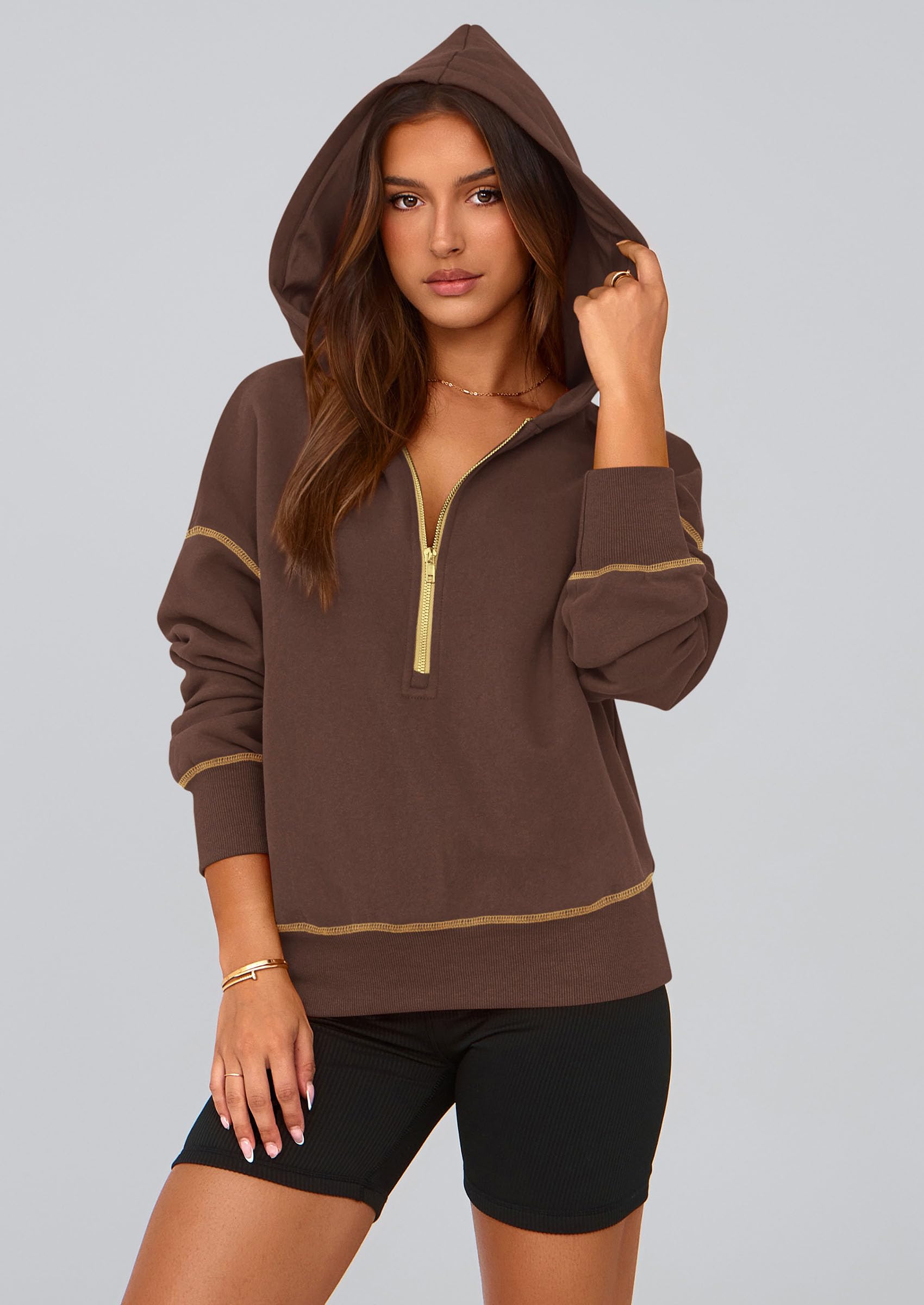 Women's Fall Half Zip Cropped Hoodie Sweatshirt Brown Coffee